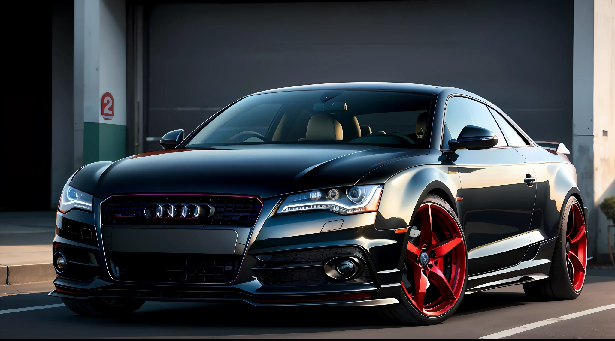 Arafo Audi with black car in garage,There is a black umbrella, vehicle photography, automotive photography, “wide shot, very wide angle shot, Wide body, auto photography, super wide shot, ultra realistic”, ultra realistic”, super wide shot, super wide shot, ultra realistic”, hyperrealistic”, car commercial photograph, hyperrealistic ”, hyperrealistic”