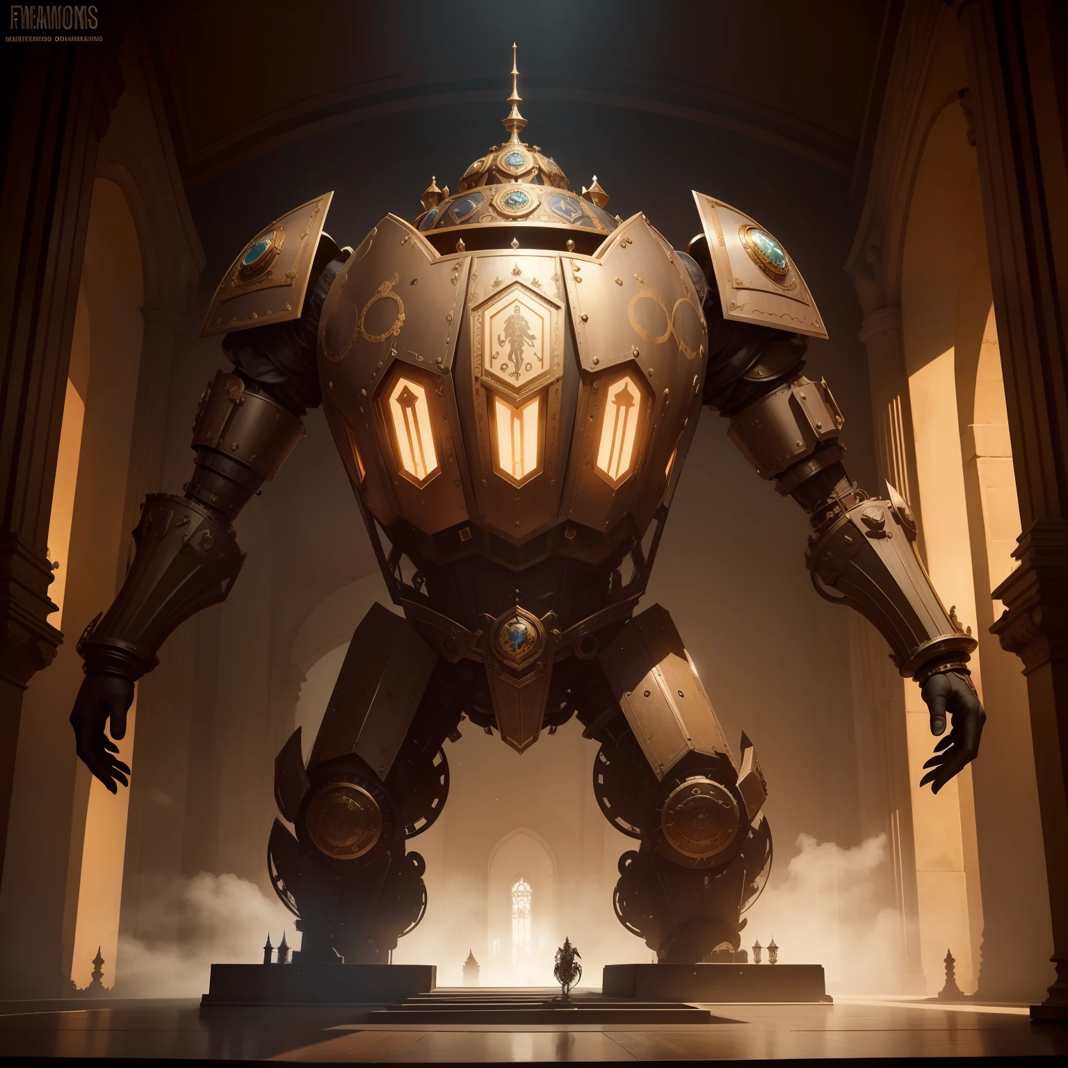 1 golem de metal grande forte desmontado engrenagens steampunk a mostra, mecanimos internos de funcionamento, fantasia sombria