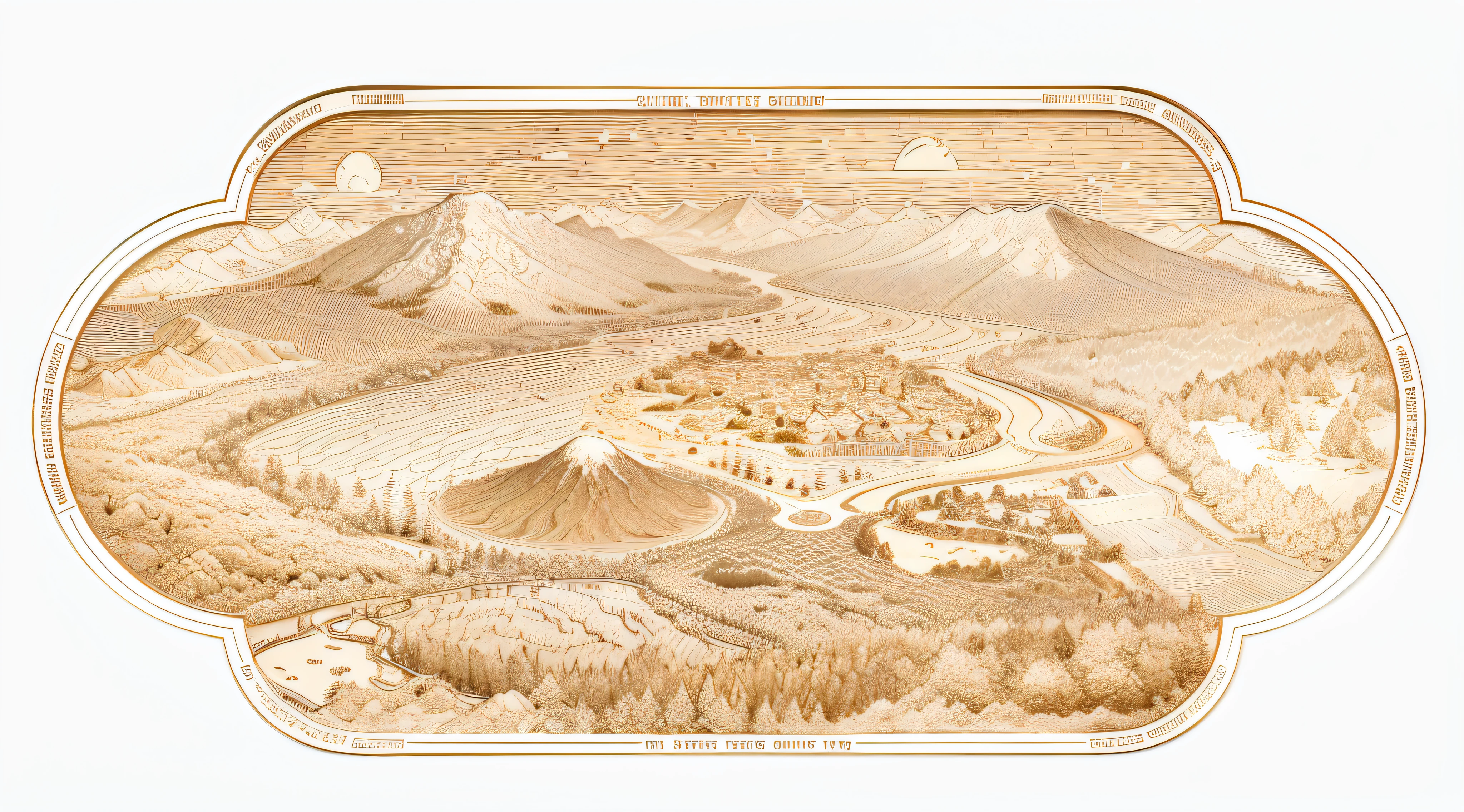 Close-up of gold coins with pictures of landscapes, engraved highly detailed, etching render, Detailed scenery —width 672, highly detailed carvings, engraved vector, grain, Terrain scanning, highly detailed etching, Landscape view, Detailed landscape, japanese wood cut, etched relief, scenery art detailed, engraved texture, very very very highly detailed