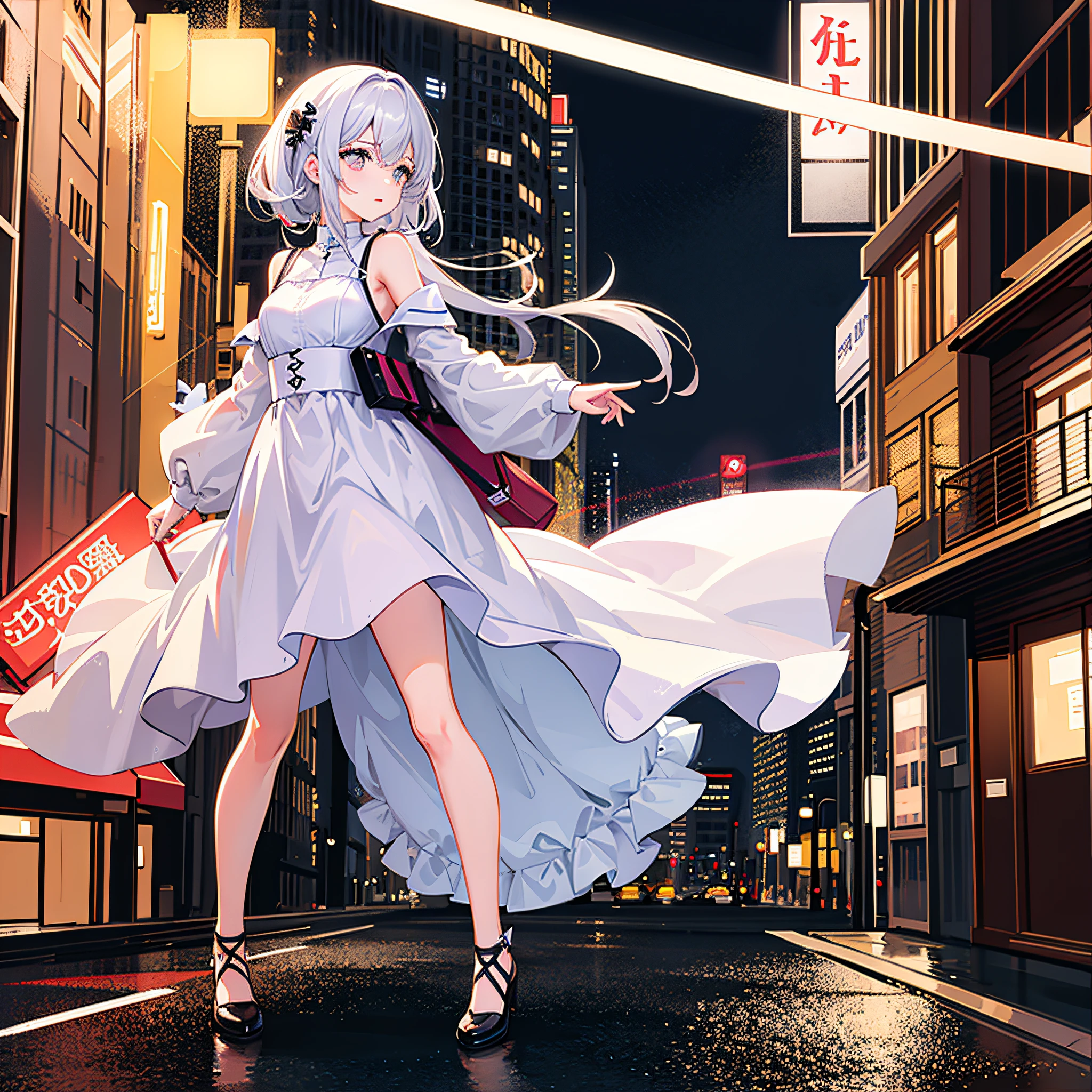 best quality, 4K wallpaper, masterpiece, extremely detailed CG unity 8k wallpaper, extremely detailed eyes, ultra-detailed, intricate details, 1girl, solo, red eyes, silver hair, long hair, Streetwear outfit,  shoes, jewelry, ear piercing, looking at viewer, road sign, street park, street, urban,