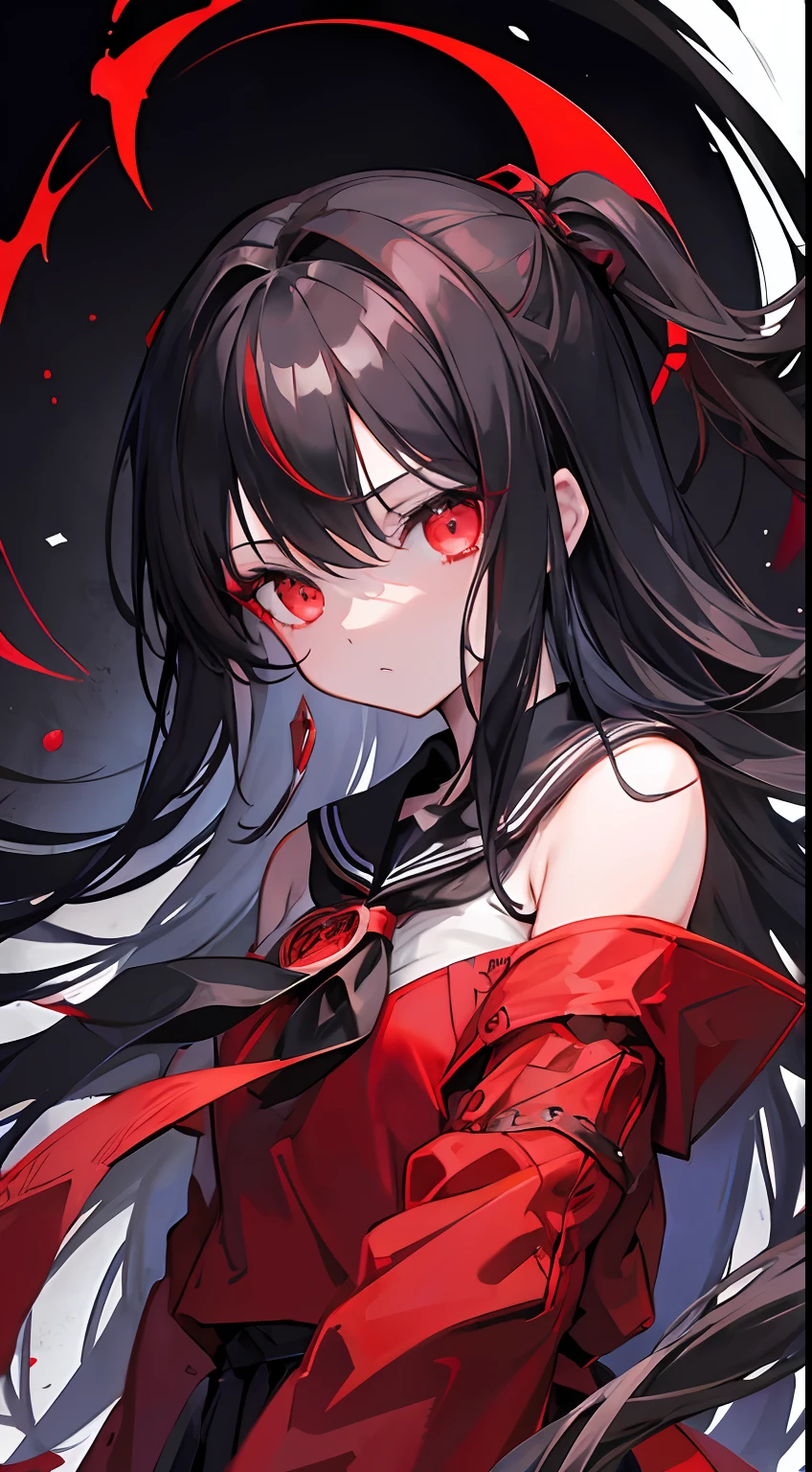 One girl、Return blood、Nero、bloods、Hanging eyes、A dark-haired、Red、Straight face、Very long hair、darkened room、black backgrounds、terrifying、Luminous Eyes、Black sailor suit、masterpiece、Top image quality、top-quality、