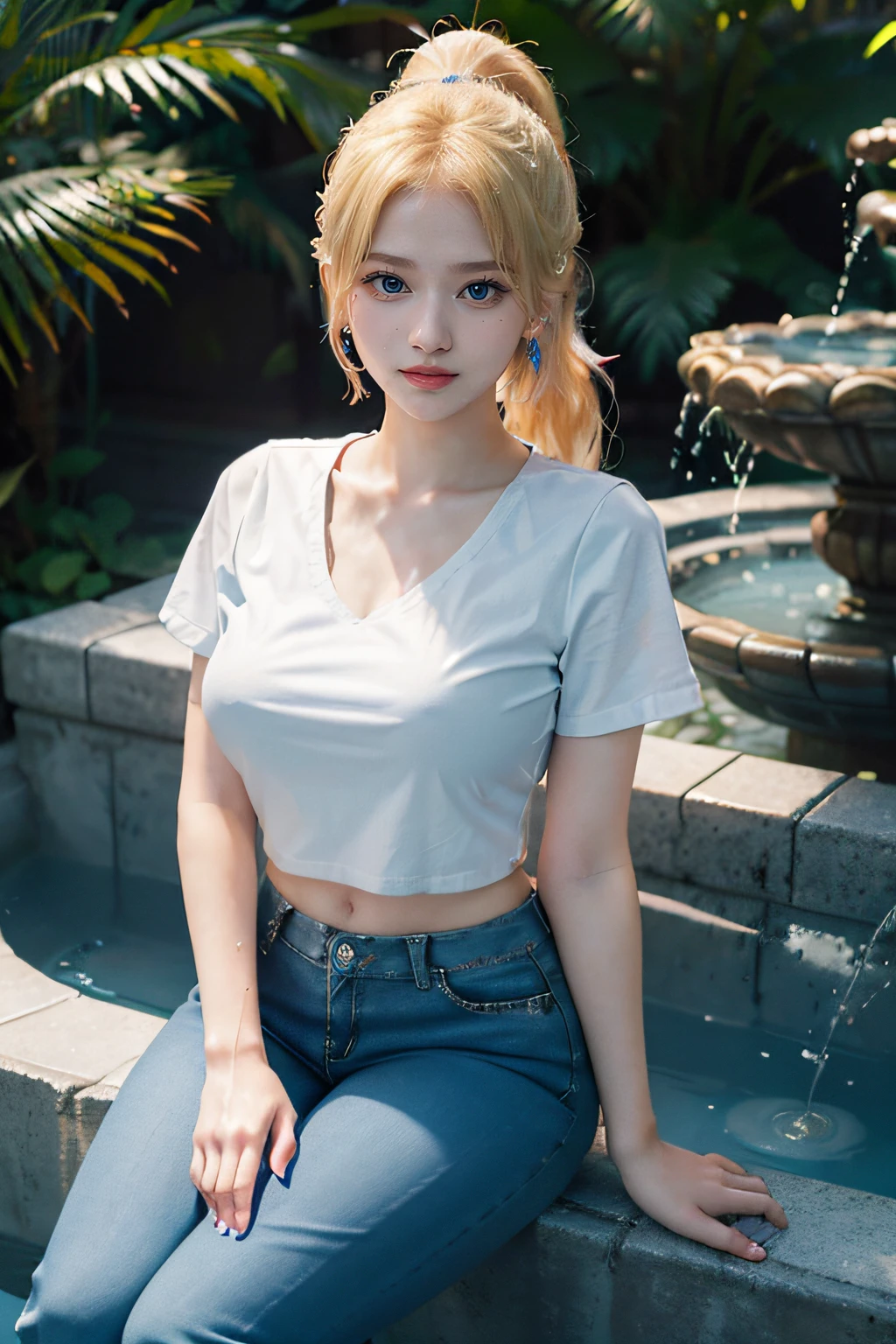 ((Blue Eyes)), smiley face, ((Sana Minatozaki)), ((Sana from twice)), ((wears red pants)), ((white shirt, black sneakers)), ((sitting on a Japanese fountain )), (Best Quality, 8k, Masterpiece: 1.3)) ), Clear Focus: 1.2, (Layered Cut, Large: 1.2), Perfect Body Beauty: 1.4, Slim Abs: 1.2, Wet Body: 1.5, Very Textured detailed face and skin, detailed eyes, double eyelids, ((blonde ponytail hair with bangs)), long legs, wide hips, big breasts, beautiful tits