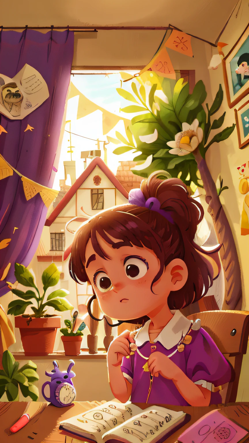 Uma menina de 6 anos de idade, de cabelo curto ruivo e enrolado, is looking through a window, she's wearing a purple blouse, is sad, tapeworm, qualidade perfeita, foco claro (mess - house: 0.8), (obra-prima: 1.2) (Realista: 1.2) (Bokeh) (Melhor qualidade) (Pele detalhada: 1.3) (Detalhes intrincados) (8K) (Detalhe Olho) (foco nítido), (Infeliz)