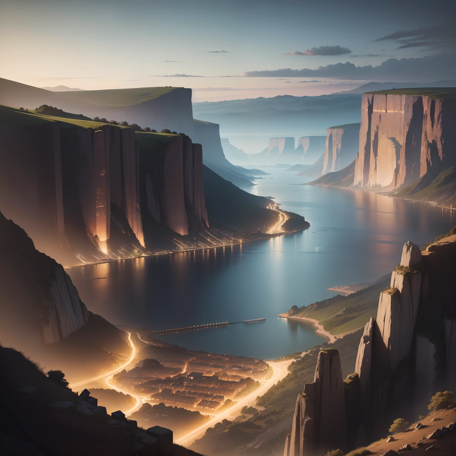 A long distance landscape picture of a 19th century metropolis on the bottom of a valley and with the ocean as a background. Image at night