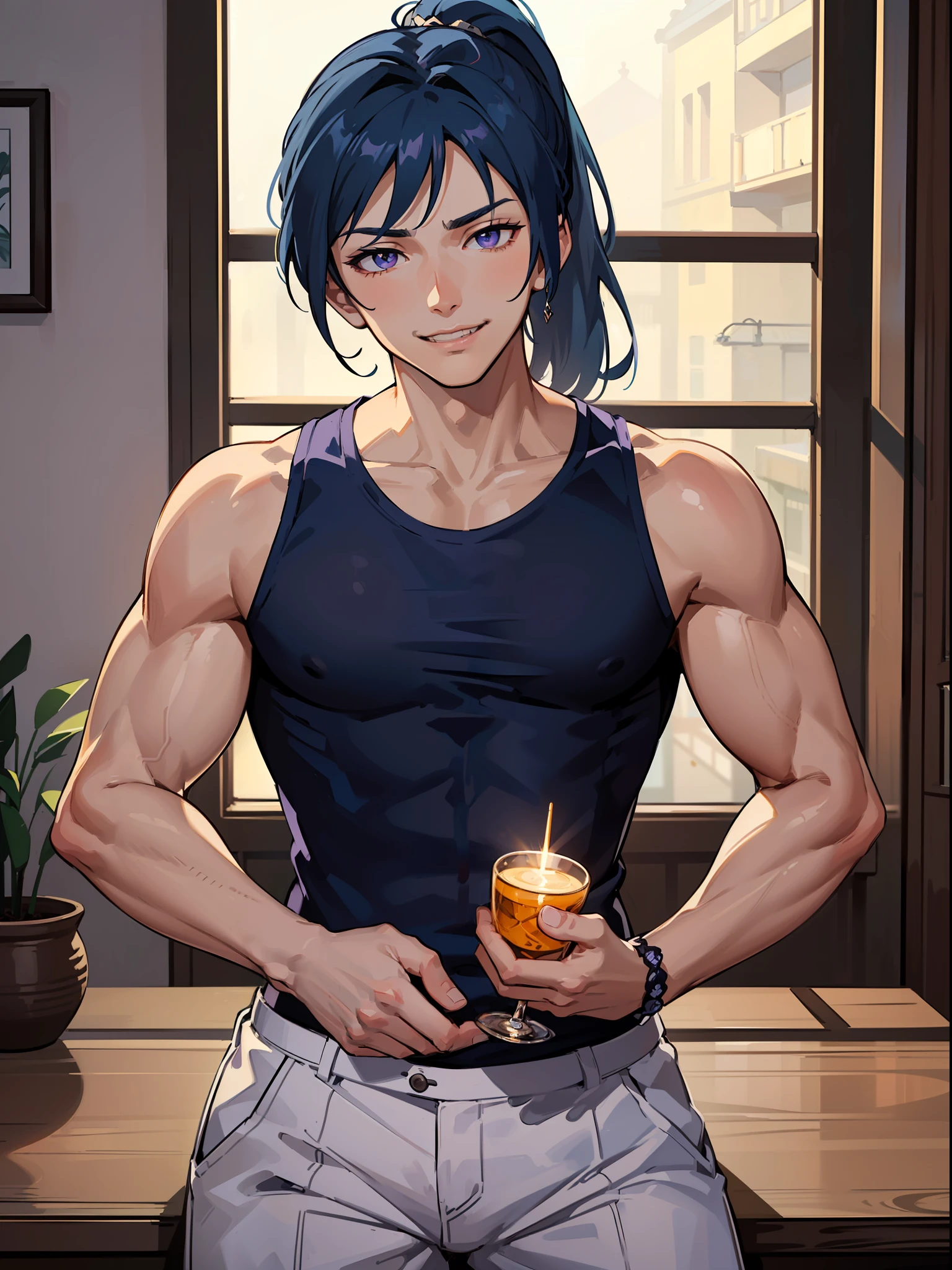 ((highest quality, masterpiece, 4k, finely detailed, detailed eyes, detailed face, intricate details, pixiv, gelbooru)) solo, (((1boy, male, masculine, handsome, slight muscles, Kanan_Matsuura_(Love_Live_Sunshine))), (((high ponytail, dark blue hair, light purple eye color, gentle eyes))), (((male briefs, tight tanktop))), bust shot, handsome, looking at viewer, cocky expression, extremely smug smile, smirking