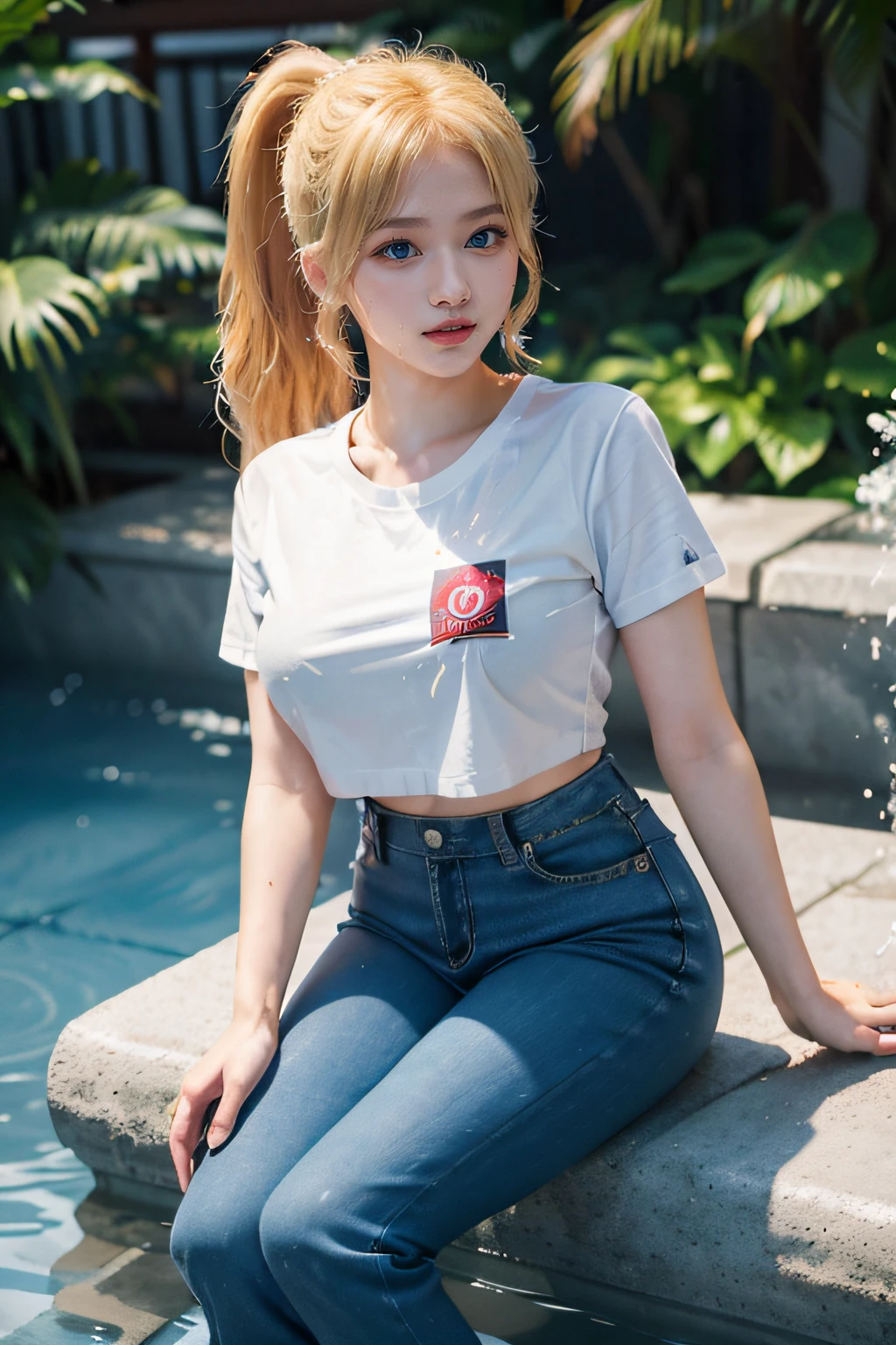 ((Blue Eyes)), smiley face, ((Sana Minatozaki)), ((Sana from twice)), ((wears red pants)), ((white shirt, black sneakers)), ((sitting on a Japanese fountain )), (Best Quality, 8k, Masterpiece: 1.3)) ), Clear Focus: 1.2, (Layered Cut, Large: 1.2), Perfect Body Beauty: 1.4, Slim Abs: 1.2, Wet Body: 1.5, Very Textured detailed face and skin, detailed eyes, double eyelids, ((blonde ponytail hair with bangs)), long legs, wide hips, big breasts, beautiful tits