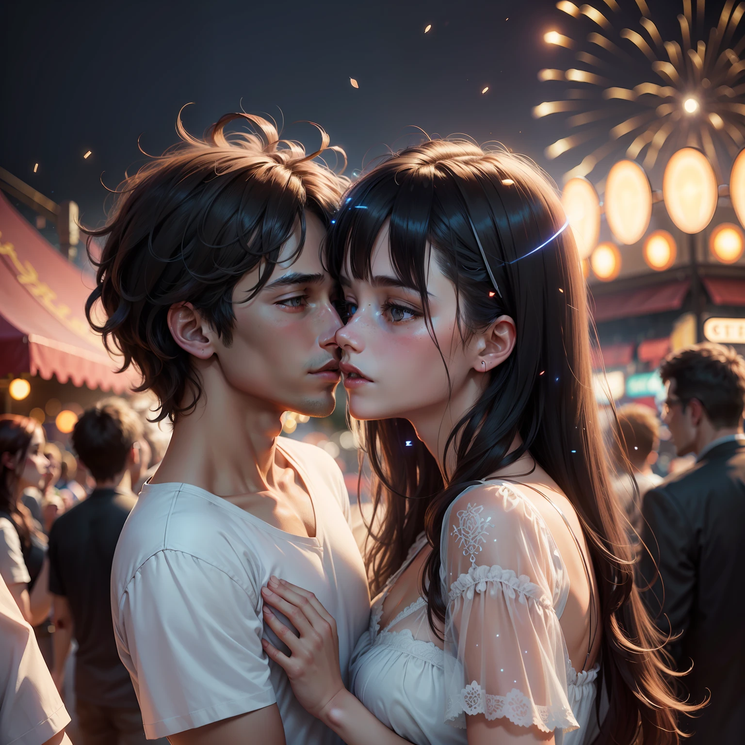 realistic, masterpiece, highres, (glow particles:1.3), moonlight, lens flare,( cinematic light),illustration,Amusement Park, (crowd:1.4),Fireworks,[:(detailed face:1.2):0.2] , detailed, detailed clothing, detailed background ,1 female, 1 male,dynamic pose,30 yo,(disheveled hair:1.2),lustrous skin,wearing white t-shirt, (ear piercing:0.5), (necklace:0.5),  (looking at each other), romantic couple,