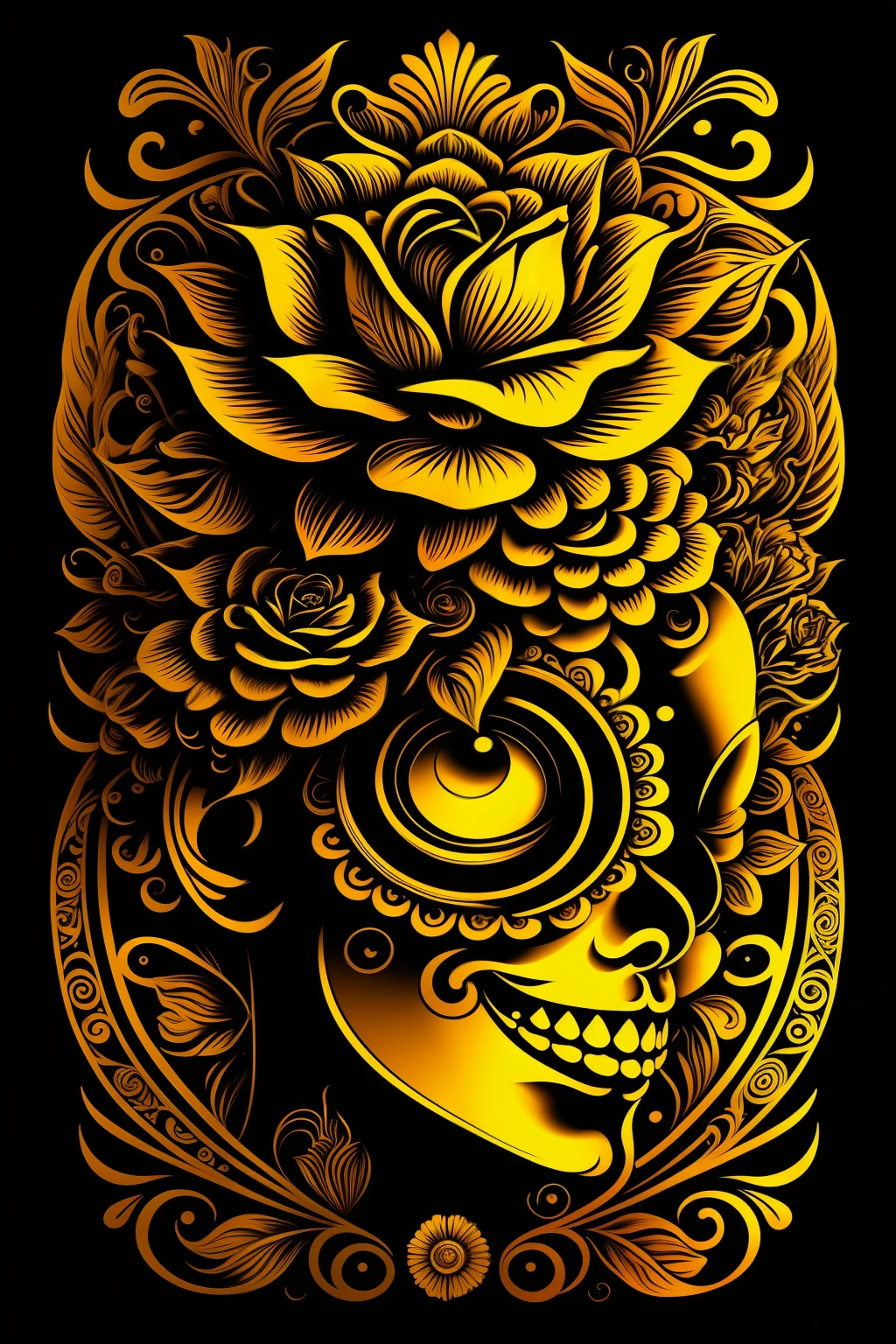 (High quality Chicano airbrush art),(masterpiece, best quality, ultra-detailed),ultra-detailed,8K resorution,(full-length portrait),(black background),(symmetrical),(Vertical symmetry),(beautiful woman, sexy smile)),((brightly colored)),t-shirt design,roses, gold and black, symmetrically placed on both sides,(detailed additions),(iconography),(Lavi Zupa:1.2),high contrast