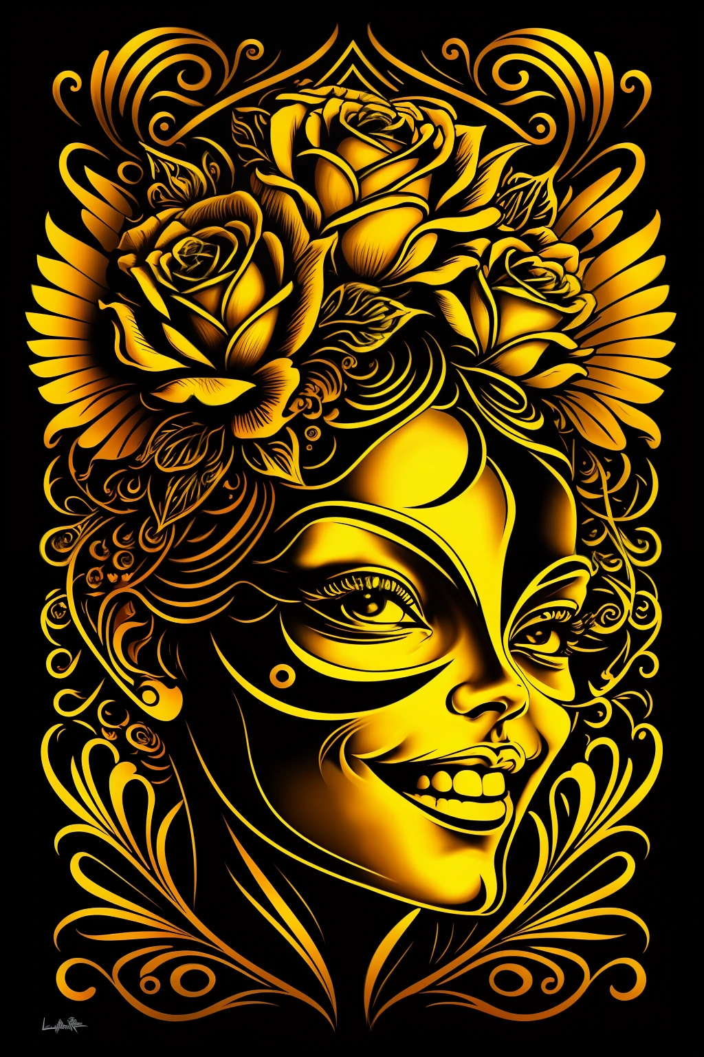 (High quality Chicano airbrush art),(masterpiece, best quality, ultra-detailed),ultra-detailed,8K resorution,(full-length portrait),(black background),(symmetrical),(Vertical symmetry),(beautiful woman, sexy smile)),((brightly colored)),t-shirt design,roses, gold and black, symmetrically placed on both sides,(detailed additions),(iconography),(Lavi Zupa:1.2),high contrast