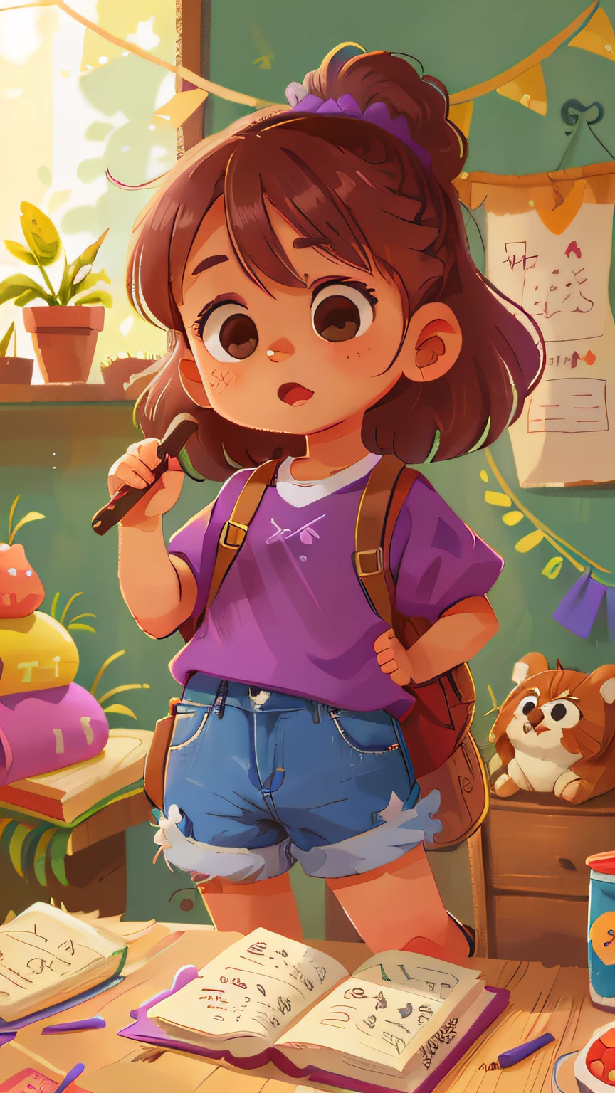 Uma menina de 6 anos de idade, de cabelo curto ruivo e enrolado, is next to an old wooden cabinet, She's wearing a purple blouse and jean shorts, is surprised, assustada, qualidade perfeita, foco claro (mess - house: 0.8), (obra-prima: 1.2) (Realista: 1.2) (Bokeh) (Melhor qualidade) (Pele detalhada: 1.3) (Detalhes intrincados) (8K) (Detalhe Olho) (foco nítido), (Assustada)