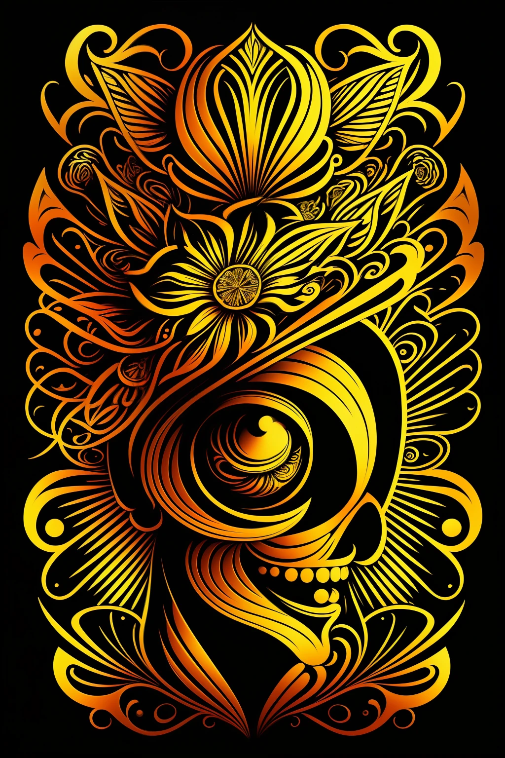 (High quality Chicano airbrush art),(masterpiece, best quality, ultra-detailed),ultra-detailed,8K resorution,(full-length portrait),(black background),(symmetrical),(Vertical symmetry),(beautiful woman, sexy smile)),((brightly colored)),t-shirt design,roses, gold and black, symmetrically placed on both sides,(detailed additions),(iconography),(Lavi Zupa:1.2),high contrast