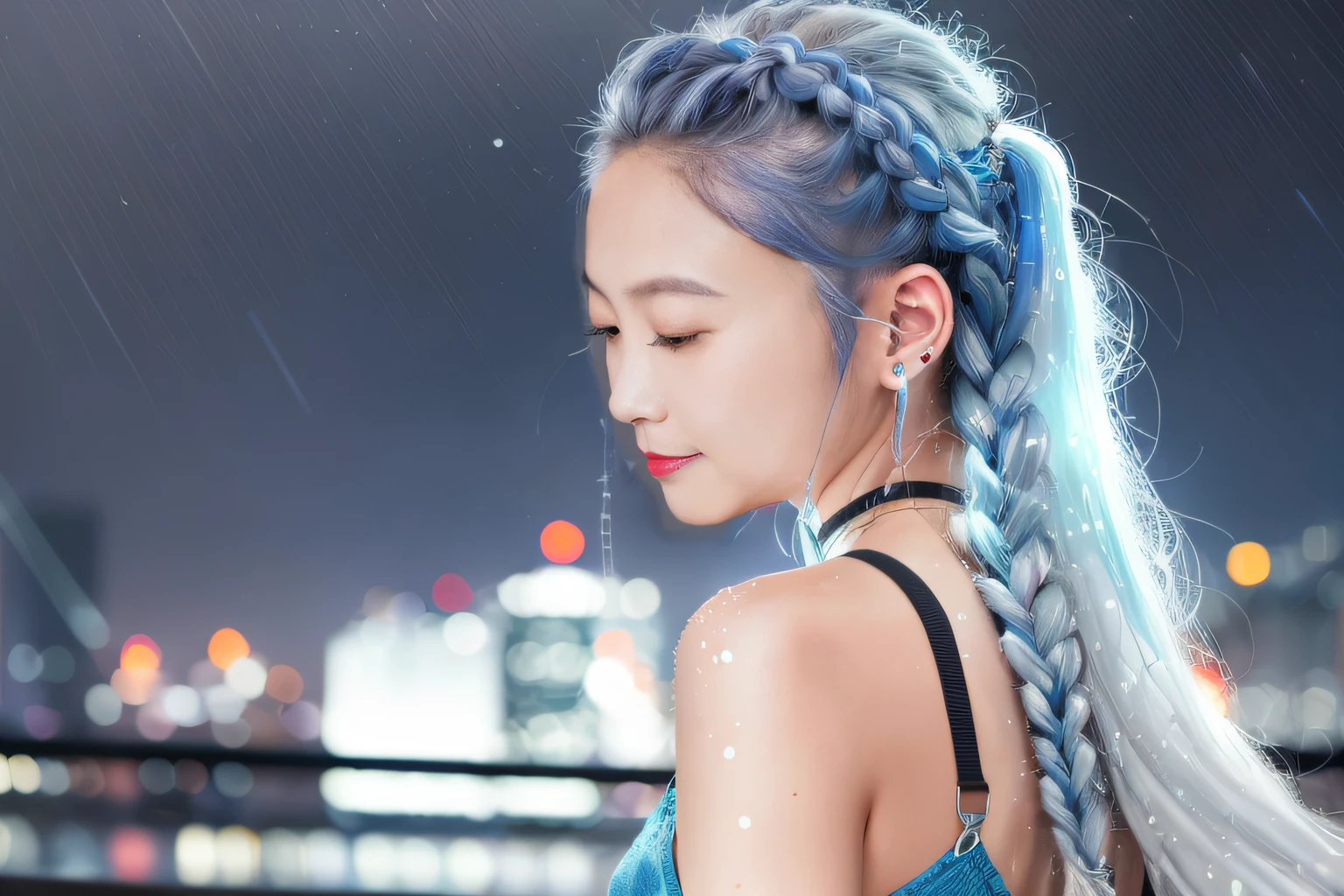 one-girl,The hair is braided in many small braids,Silver gray with blue,Free,Red skinny suspenders,the motorcycle,City lights,Cyberpunk night view,Water droplets splash everywhere, Scattering floating helix,The art of splashing。Delicate fair skin,Perfect chin
