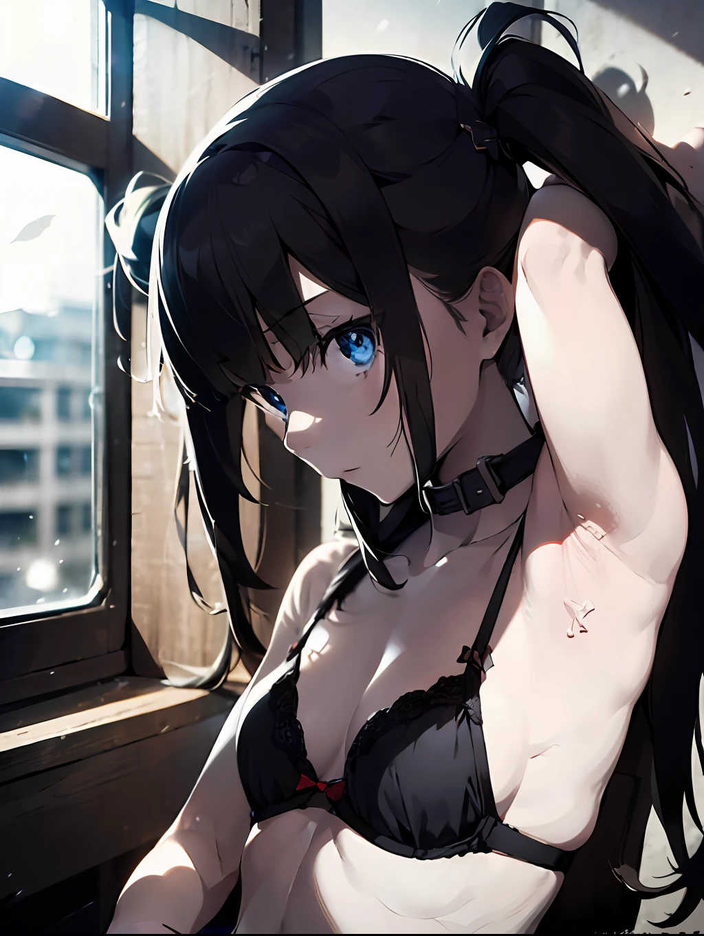 1girl, (solo:1.2), ((masterpiece)), (shadow), [slim], (small breasts), ((sharp focus)), pale skin, ((detailed eyes)), (blurry background), black rock shooter, twintails, bra, black hair, shorts, armpits, collarbone, big lance