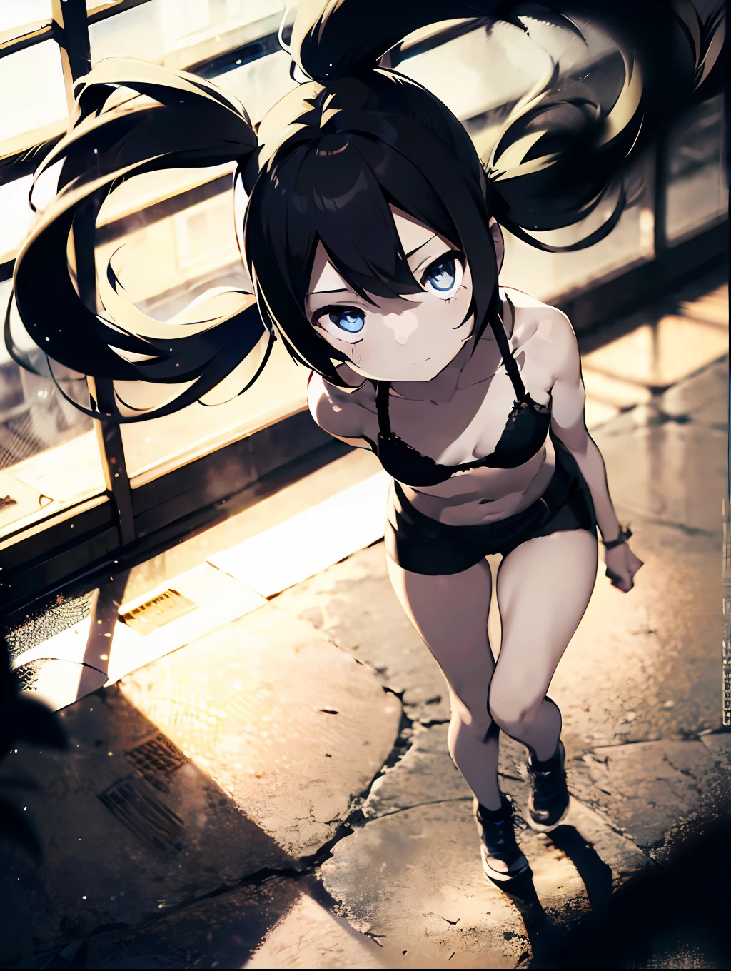 1girl, (solo:1.2), ((masterpiece)), (shadow), [slim], (small breasts), ((sharp focus)), pale skin, ((detailed eyes)), (blurry background), black rock shooter, twintails, bra, black hair, shorts, armpits, collarbone, big lance