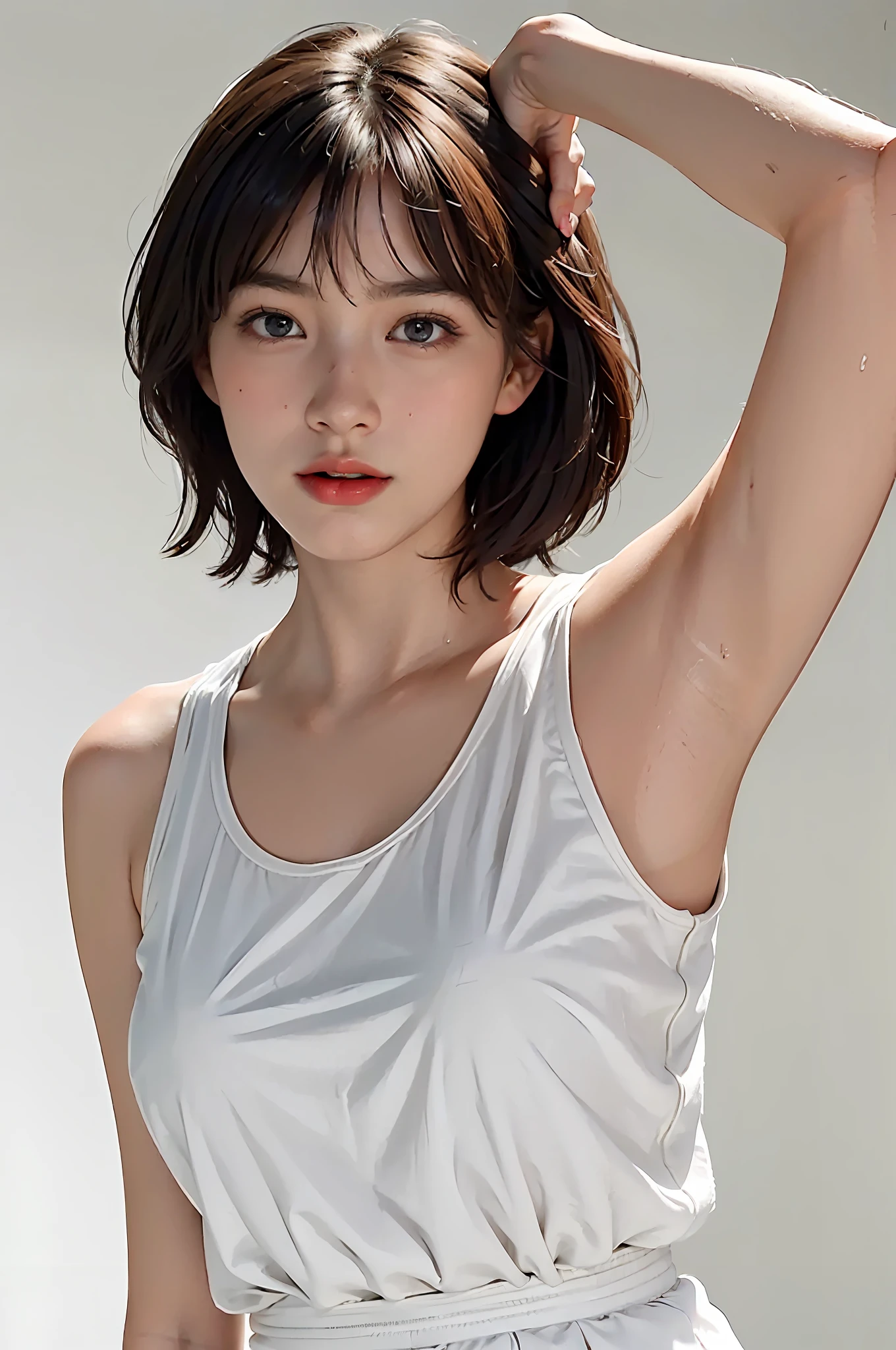 (Ultra Real), (Illustration), (High Resolution), (8K), (Very Detailed), (Best Illustration), (Beautiful Detailed Eyes), (Best Quality), (Ultra Detailed), (Masterpiece), (Wallpaper), (Detailed Face), Droopy Eyes, Sweaty, Upper Body Up, Armpits, Short Hair, Inner Color, Solo, Simple White Tank Top Girl, Japan Person, Big Tits, (Camel Toe)