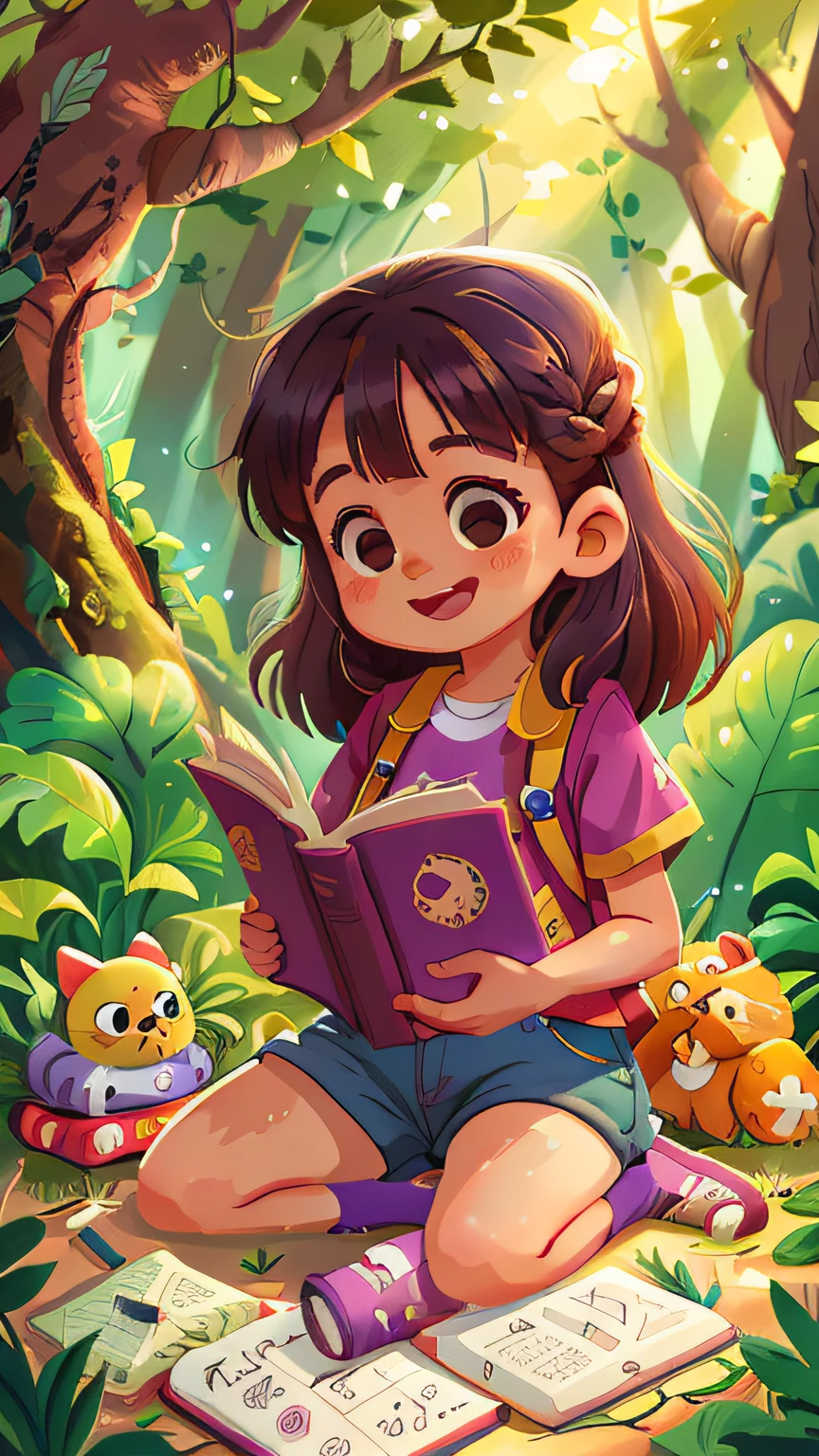 Uma de 6 anos de idade, de cabelo curto ruivo e enrolado, she's sitting on the floor of a forest, Lendo um livro dourado brilhante, She's wearing a purple blouse and jean shorts, is smiling, feliz, qualidade perfeita, foco claro (mess - house: 0.8), (obra-prima: 1.2) (Realista: 1.2) (Bokeh) (Melhor qualidade) (Pele detalhada: 1.3) (Detalhes intrincados) (8K) (Detalhe Olho) (foco nítido), (Feliz)