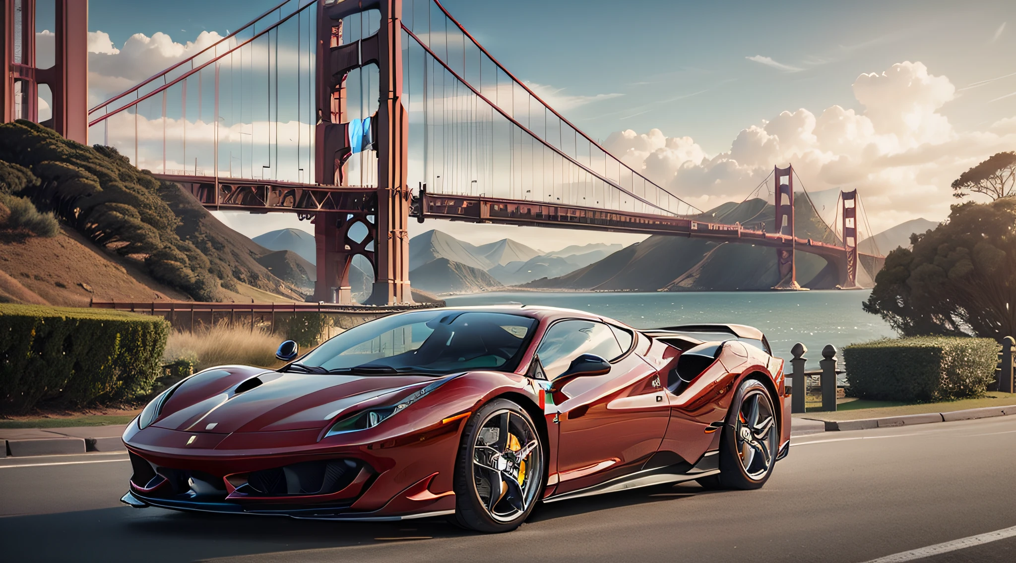 A dreamy and fantastical photo of a ferrari car, with a backdrop of the famous Golden Gate Bridge in San Francisco
