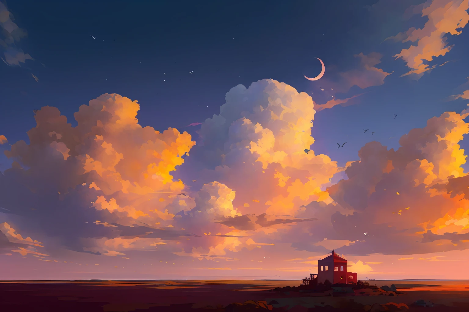 (Best Quality, masutepiece), skyporn, cloud, No humans, Bird, Wide Shot, Perspective, Moon, Official art, Wallpaper,8K,hight resolution, Sunset, Star,(masutepiece, Best Quality, High quality, hight resolution, Ultra-detailed),