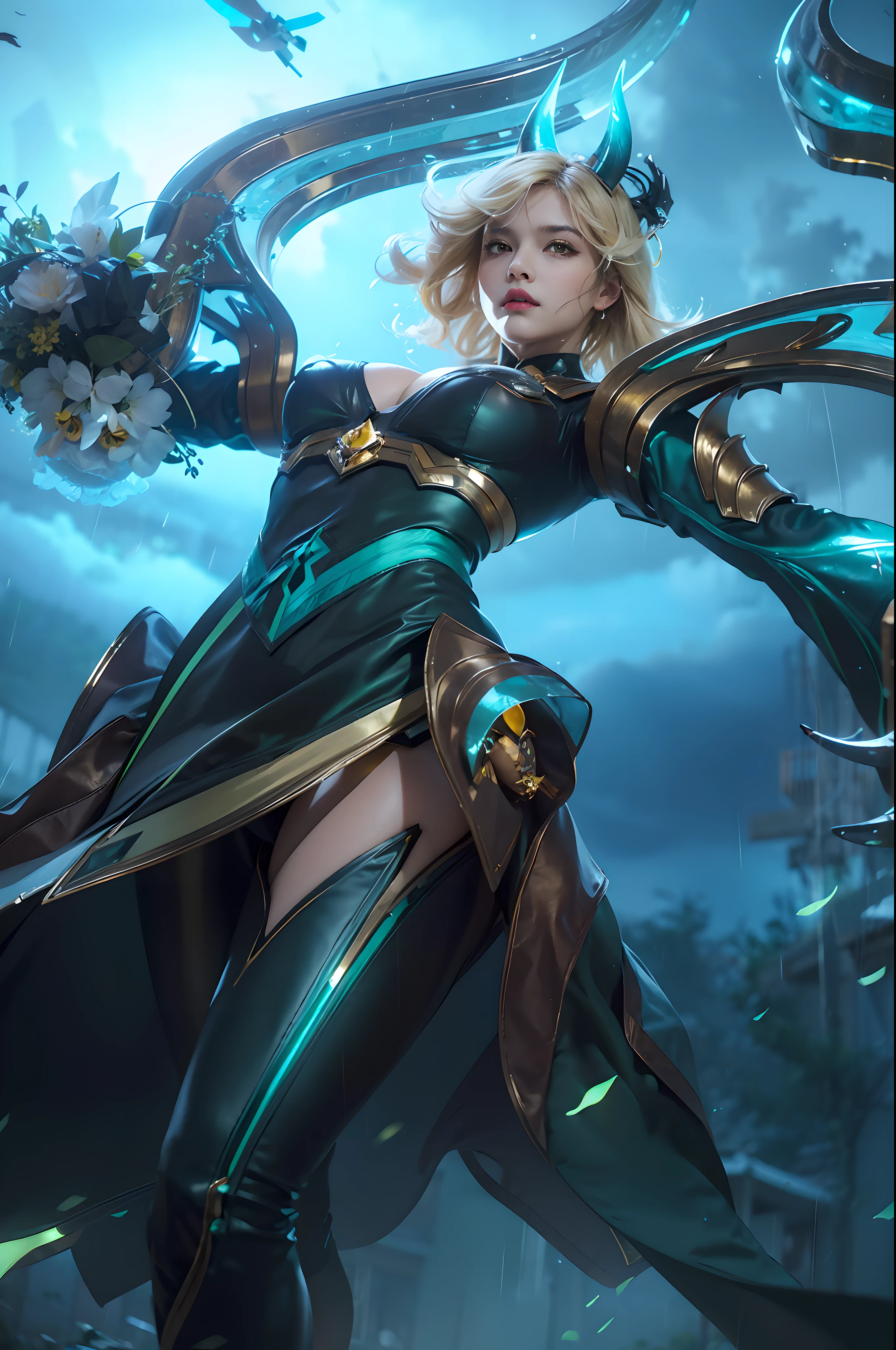 (female:1.2), 8k, ultra hd, ultra detailed texture, hyper realistic, masterpiece, detailed texture, detailed face, detailed skin, detailed lighting, (photorealistic:1.5), best quality, beautiful lighting, cinematic lighting, professional lighting, ultra highres, realistic, detailed hair, real hair, high quality, (realskin:1.5), extremely detailed, finely detail, ultra-detailed, 1girl, solo, flying, floating, (yellow eyes:1.5), glowing eyes, (black lips), closed mouth, nose, white skin, pretty, beautiful, make up, cute face, v-shapped eyebrow, angry, short hair, blonde hair, large breasts, cleavage, thigh, bodysuit, long sleeves, gold pauldrons, headwear, mechanical horns, long legwear, skirt, eudora \(mobile legends\), depth of field, looking aways, skin tight, amazing pose, glowing, wind, night sky, rainy, storm, moonlight, light particle, blurry background