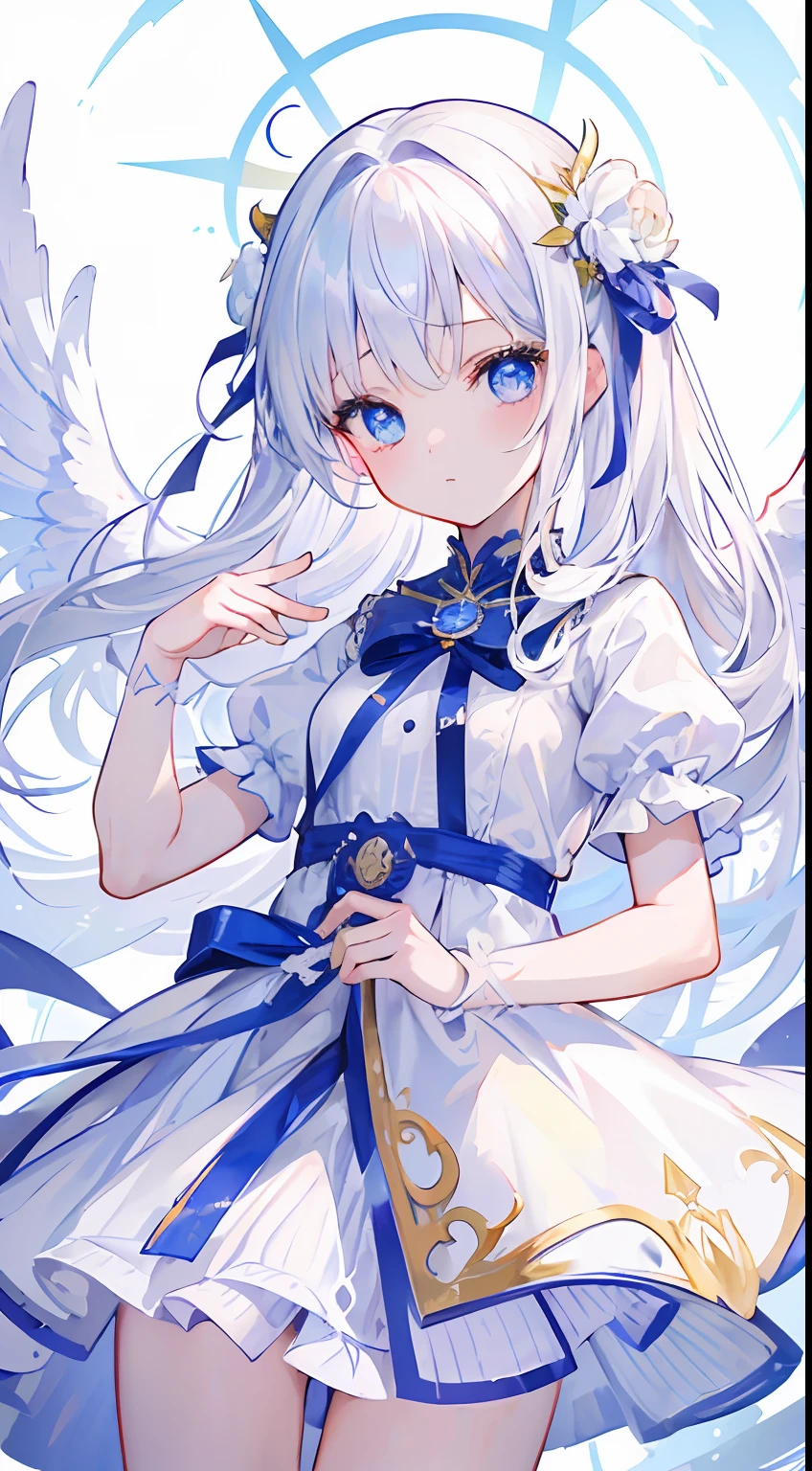 One girl、angelicales、Angel costume、Circle of Angels、Deities々Right、cute little、white  hair、Long、Angel wings、Skysky、heaven、Heavenly background、florals、​masterpiece、top-quality、Top image quality、light blue  eyes