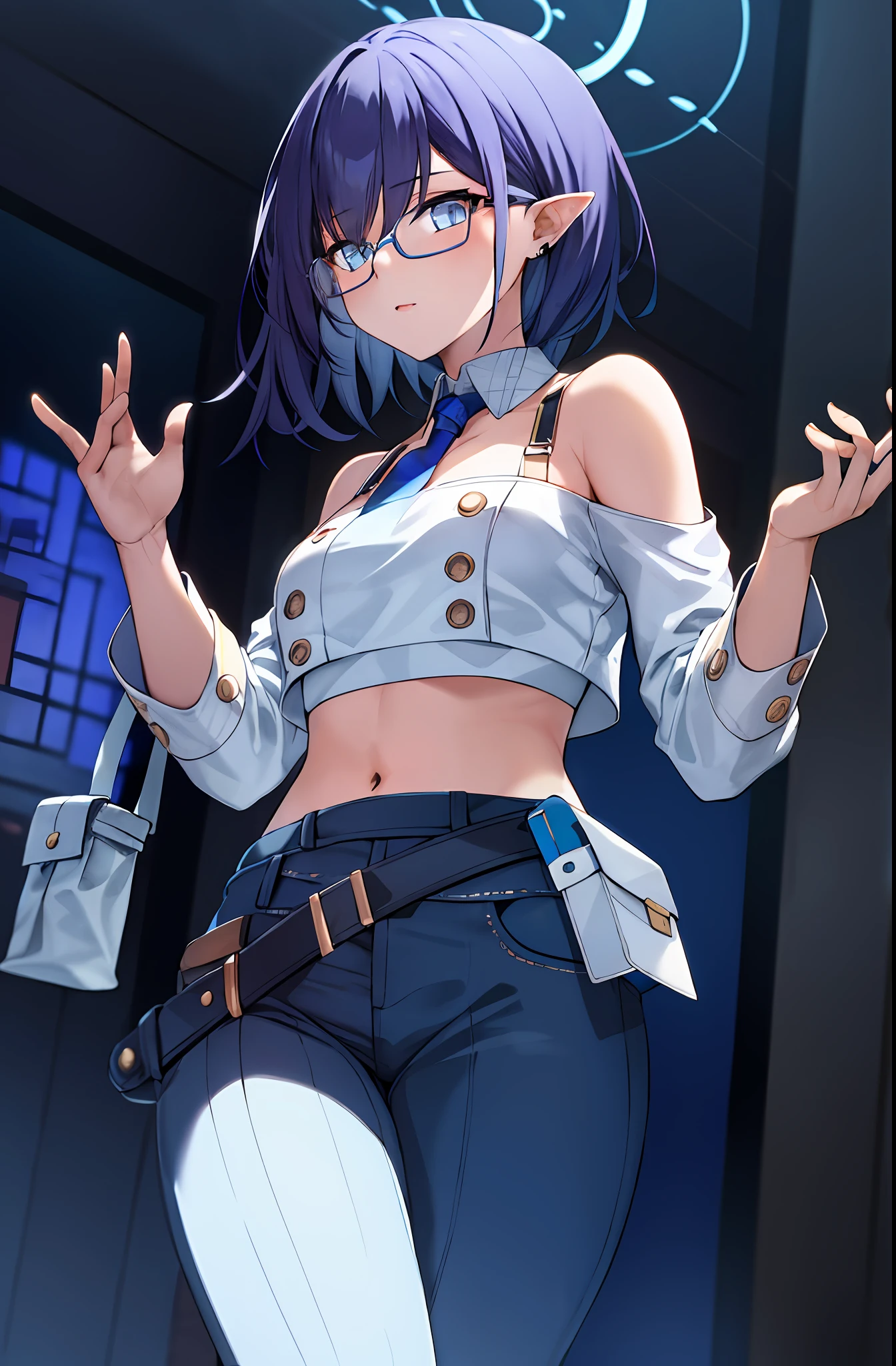 masterpiece, best quality, high resolution,
solo, 1girl, casual cloth, midriff, jean, belt, pouch, glasses, bare shoulders,