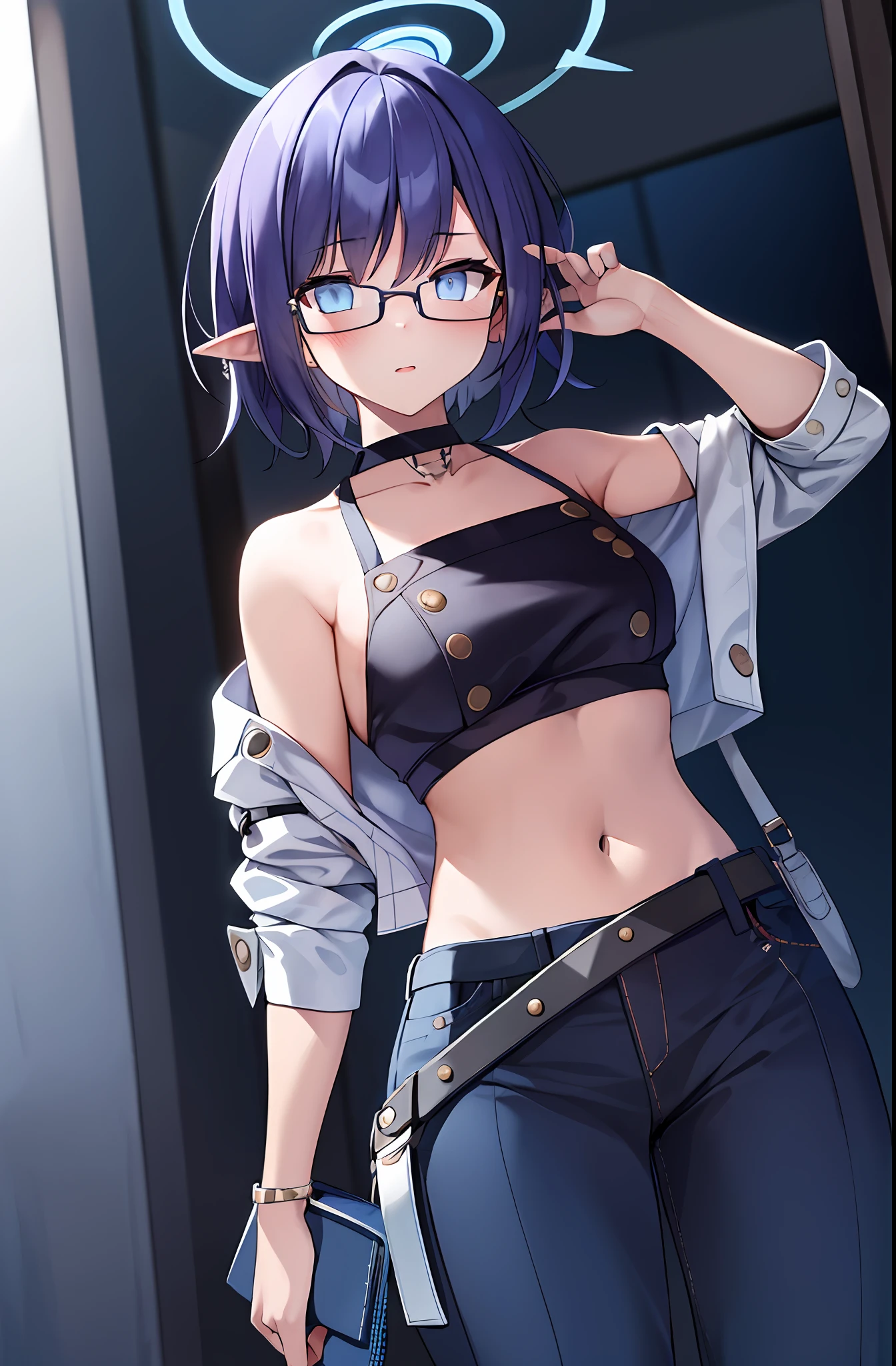 masterpiece, best quality, high resolution,
solo, 1girl, casual cloth, midriff, jean, belt, pouch, glasses, bare shoulders,