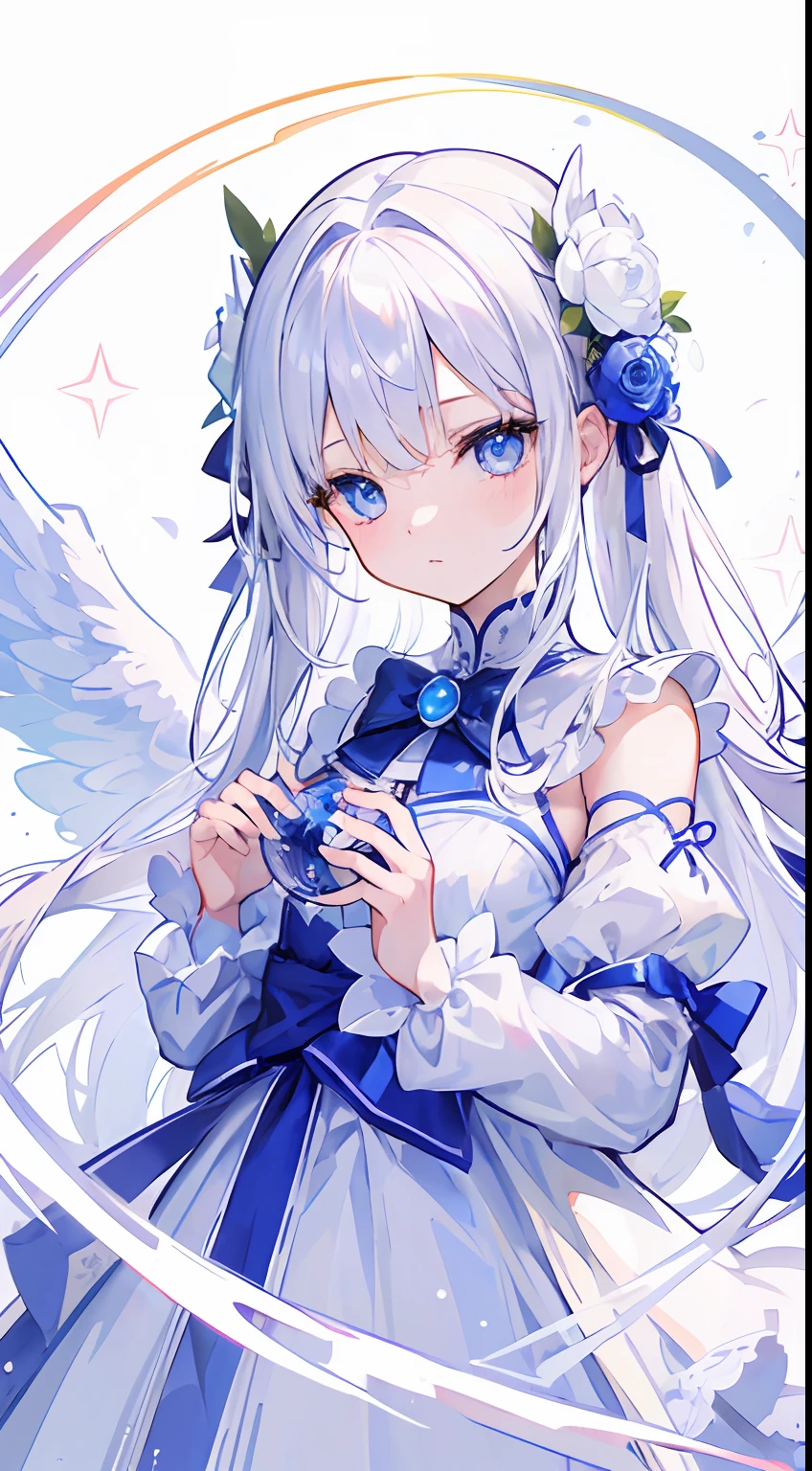 One girl、angelicales、Angel costume、Circle of Angels、Deities々Right、cute little、white hair、Long、Angel wings、Skysky、heaven、Heavenly background、florals、masterpiece、top-quality、Top image quality、light blue eyes