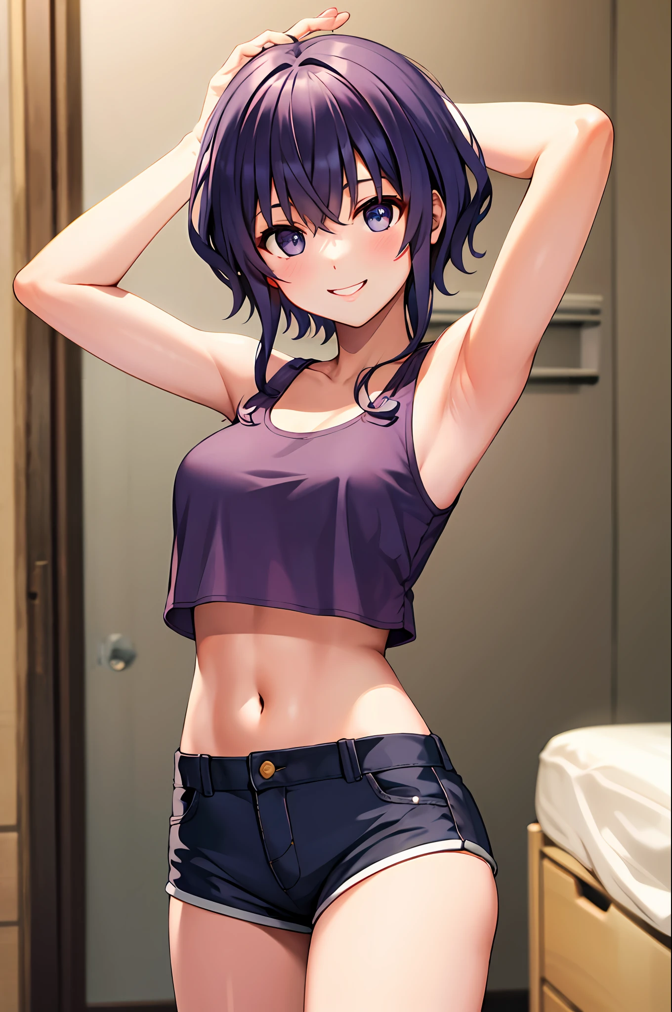 masterpiece, best quality, highres, hyoudou michiru, solo, tank top, crop top, short shorts, midriff, cowboy shot, smile, indoors, arm up