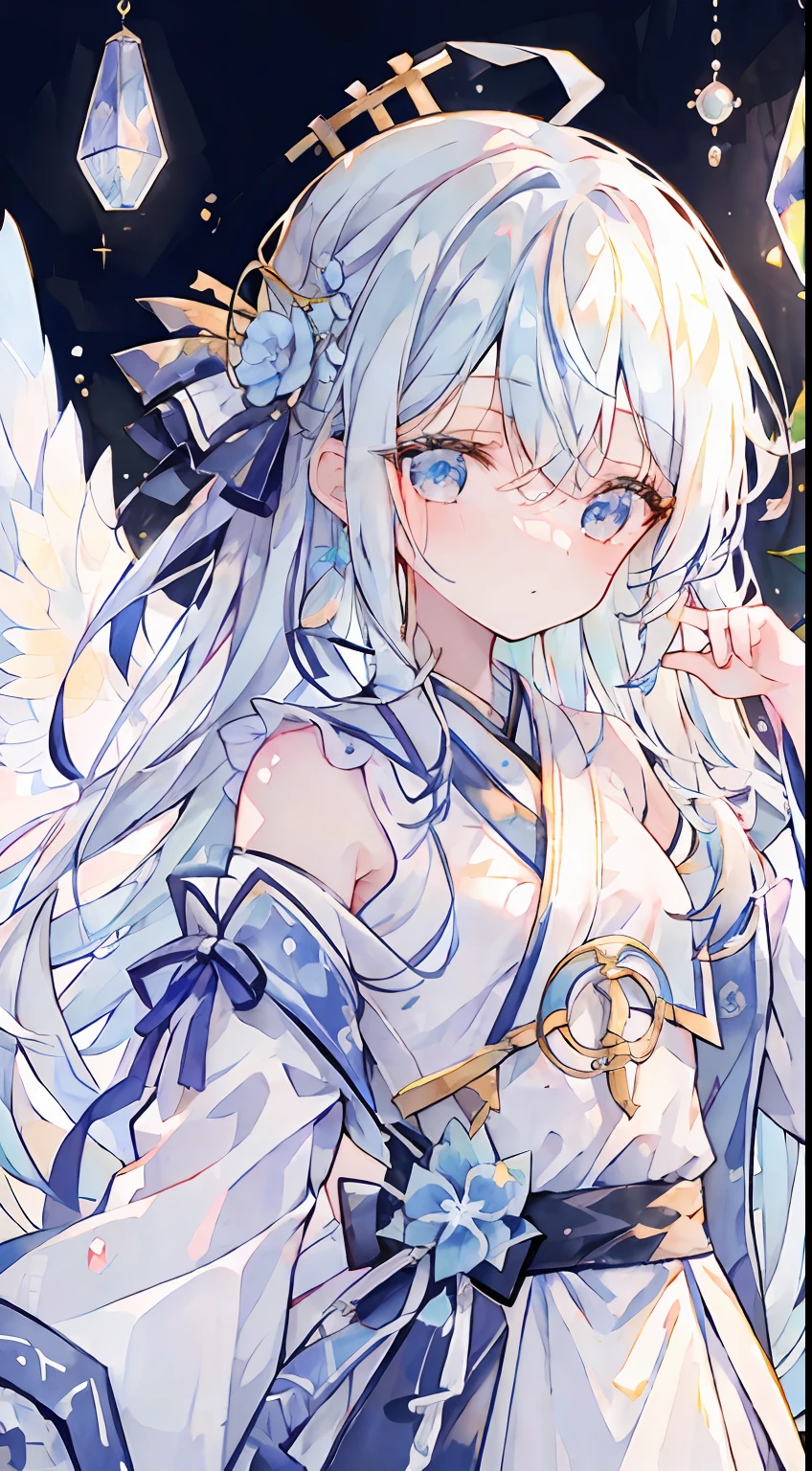 One girl、angelicales、Angel costume、Circle of Angels、Deities々Right、cute little、white hair、Long、Angel wings、Skysky、heaven、Heavenly background、florals、masterpiece、top-quality、Top image quality、light blue eyes