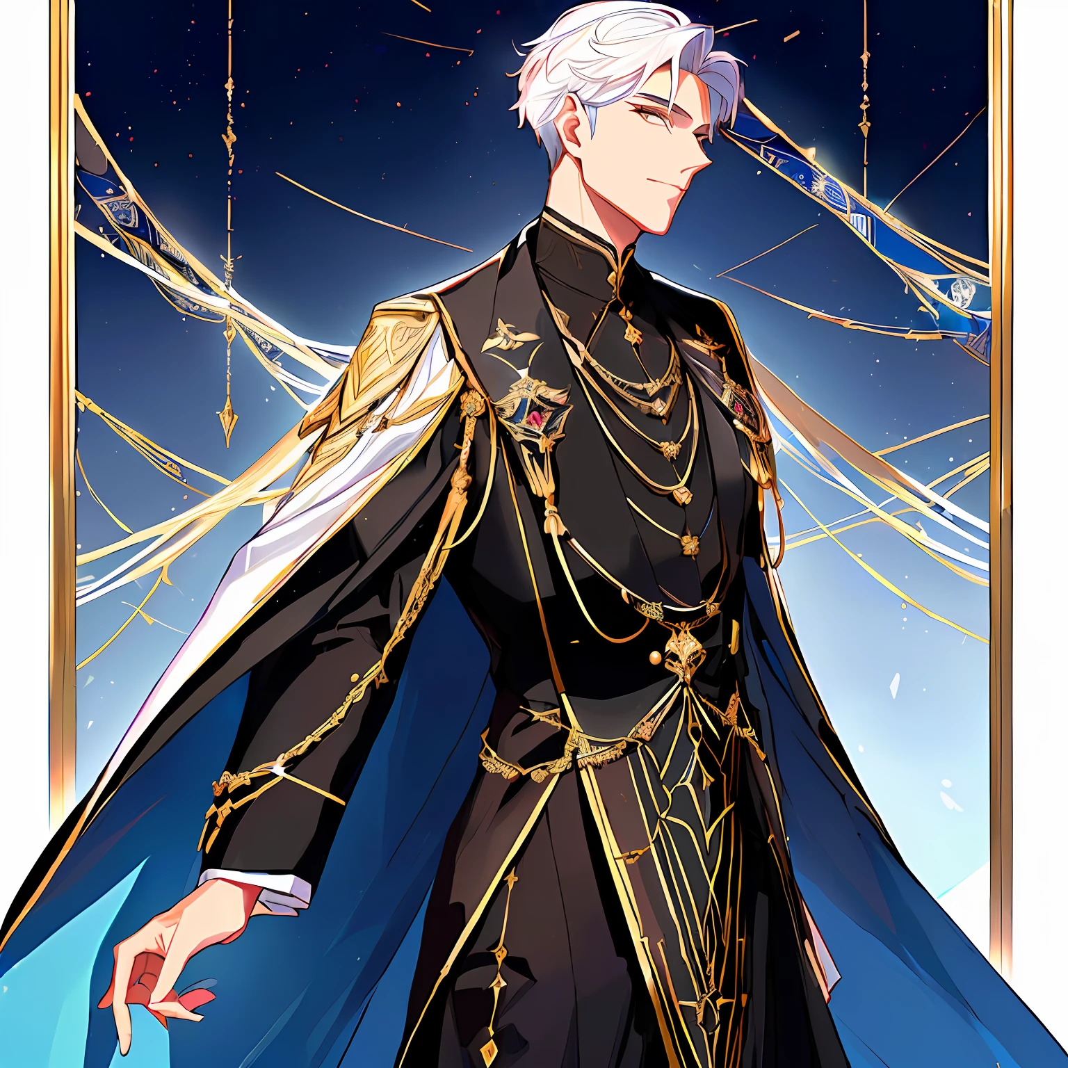1. homem com cabelos brancos, cabelos brancos, homem elegante com terno preto com detalhes dourados, arte estilo arcana e majestosa, homem elegante com cabelos brancos e roupas pretas, olhos corajosos