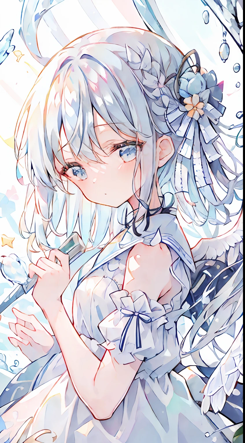 One girl、angelicales、Angel costume、Circle of Angels、Deities々Right、cute little、white hair、Long、Angel wings、Skysky、heaven、Heavenly background、florals、masterpiece、top-quality、Top image quality、light blue eyes