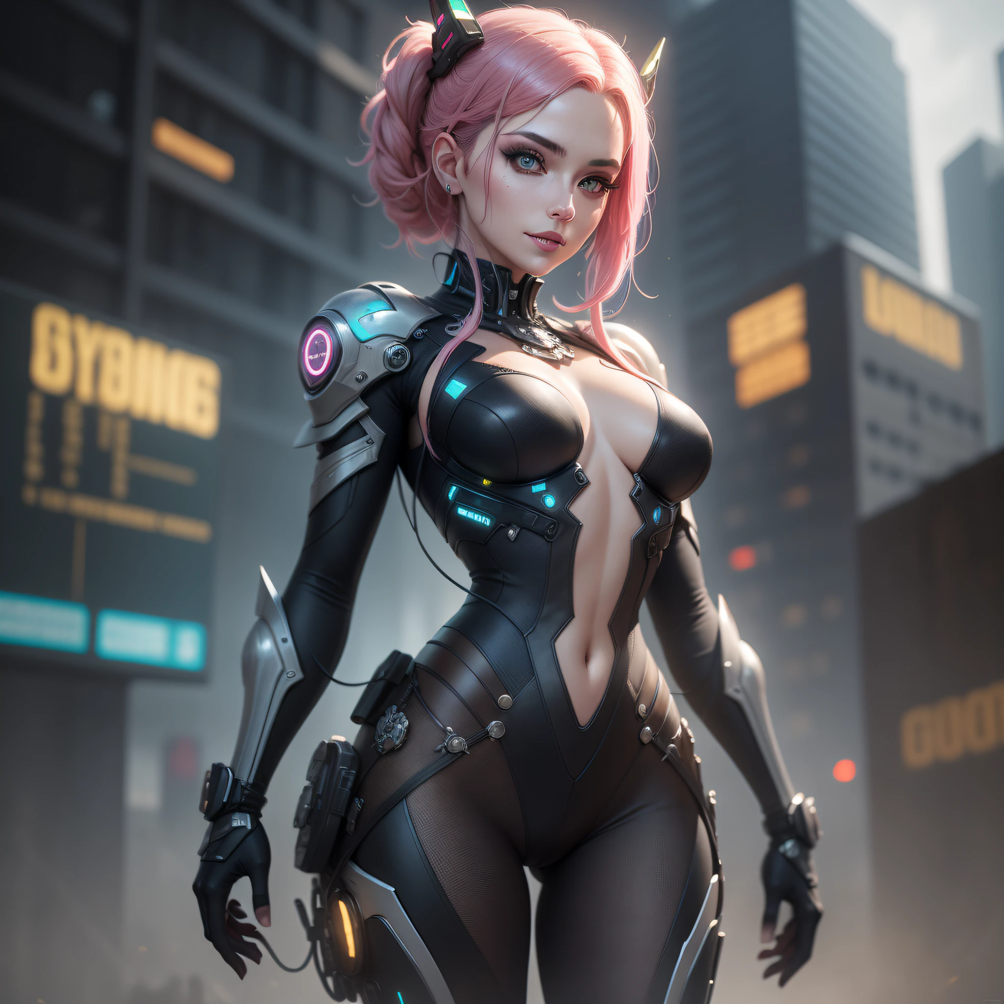 priestess of the Synthetic Gods, Daughter of the Neon who is God of artificial Light and synthetic life forms, full body, cover, unzoom, ultra detailed artistic photography, midnight aura, night sky, detailed gorgeous face, dreamy, glowing, backlit, glamour, glimmer, shadows, oil on canvas, brush strokes, smooth, ultra high definition, 8k, unreal engine 5, ultra sharp focus, art by alberto seveso, artgerm, loish, sf, intricate artwork masterpiece, ominous, matte painting movie poster, golden ratio, trending on cgsociety, intricate, epic, trending on artstation, by artgerm, h. r. giger and beksinski, highly detailed, vibrant, production cinematic character render, ultra high quality model, cyberpunk style, cyborg, cyberpunk style, wires under the skin, metal elements implanted in the body, blond hair, bright eyes, beautiful girl, pink hair, smile, techno-mage,
