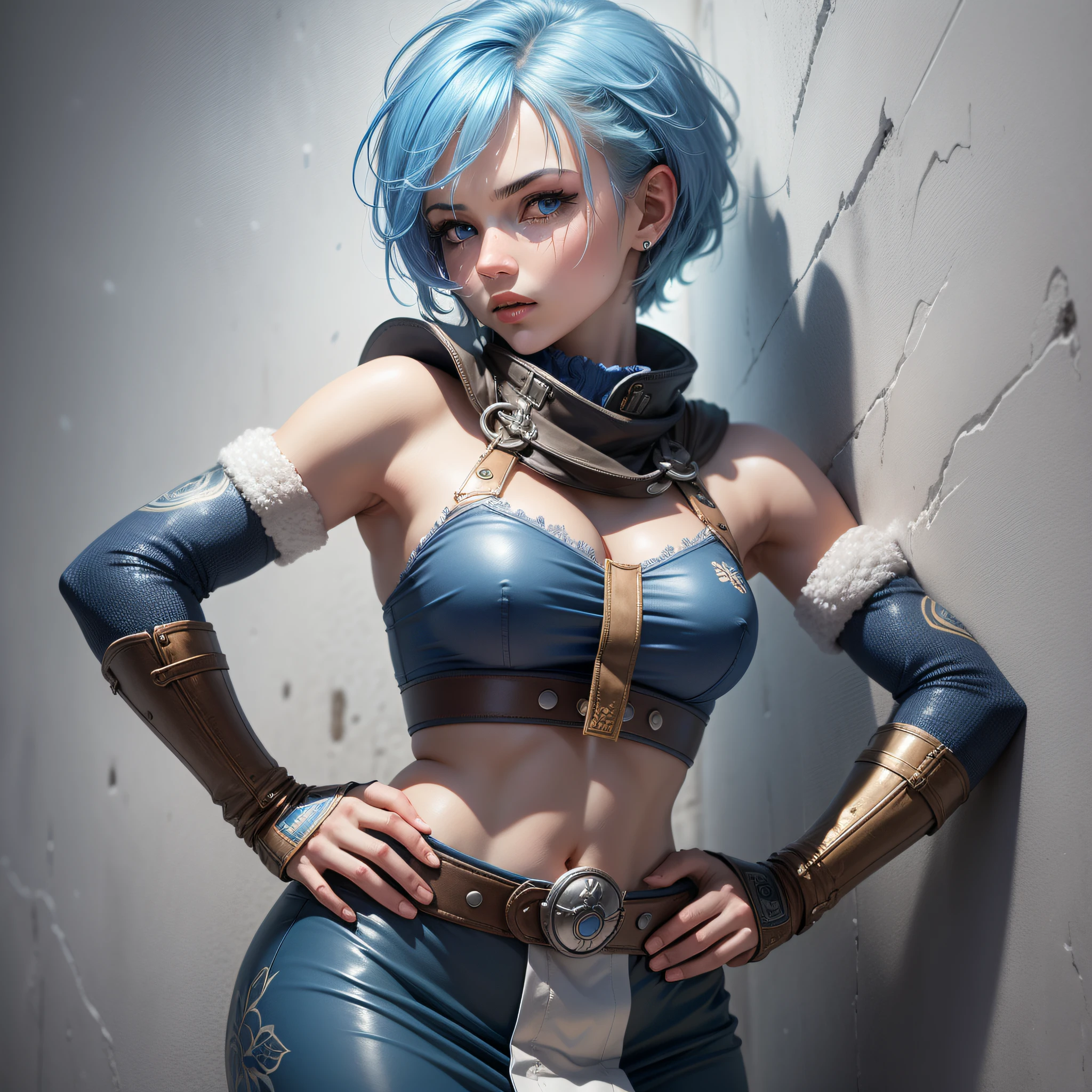 Frost, blue hair, pixie cut, blue eyes, solo, upper body, standing, close up, hands on hip, FroNin, mask, dojo, snow, front of wall, (insanely detailed, beautiful detailed face, masterpiece, best quality)