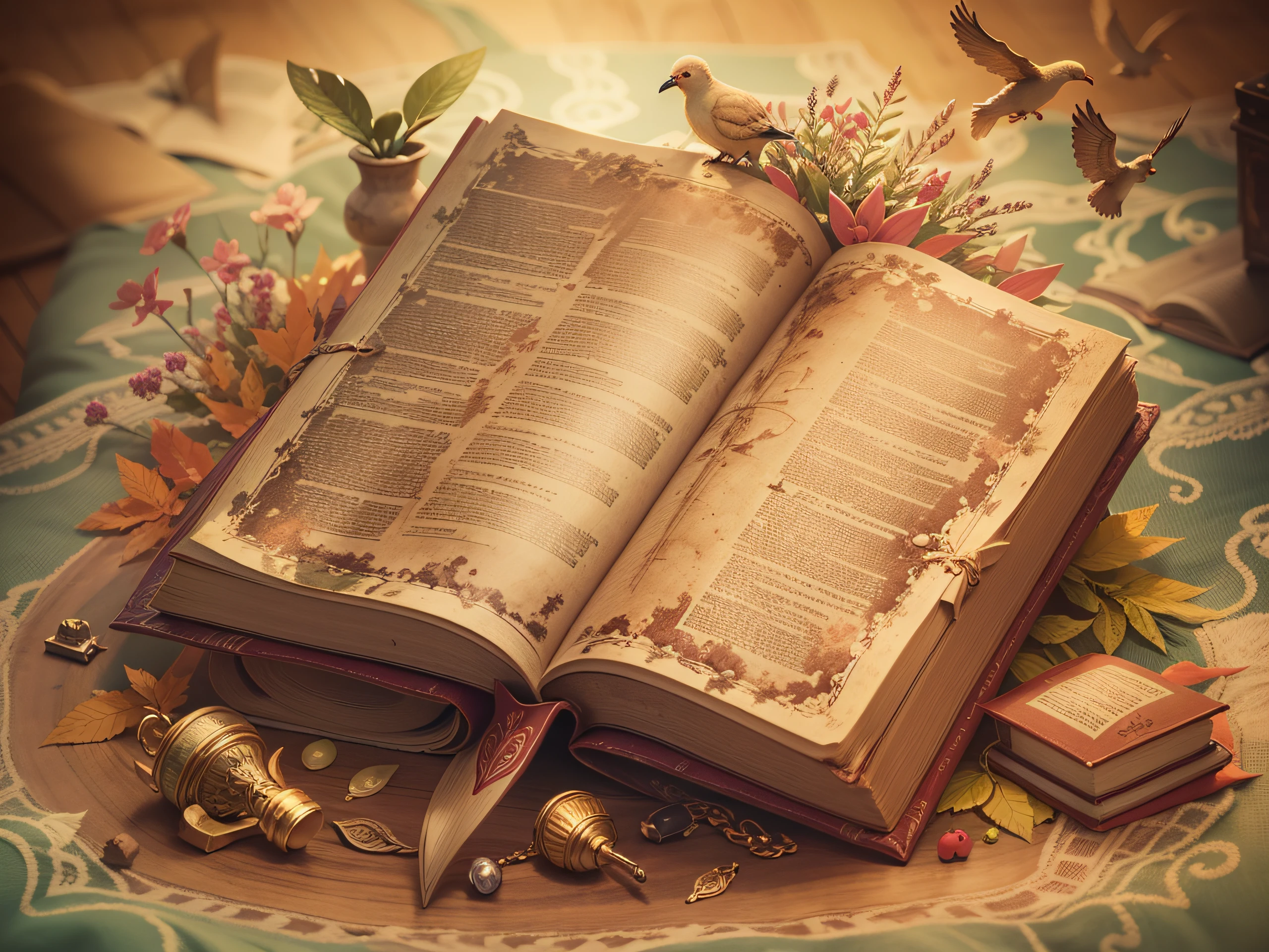 description: Crie uma imagem ilustrativa para a foto de capa do YouTube, highlighting an open Bible, mostrando passagens significativas. Add symbolic elements of Bible stories around the Bible. Use cores suaves e douradas para transmitir uma atmosfera serena. Add artistic details, remetendo ao estilo das escrituras antigas. The goal is to underscore the importance of the Bible as a spiritual guide and source of wisdom and inspiration.