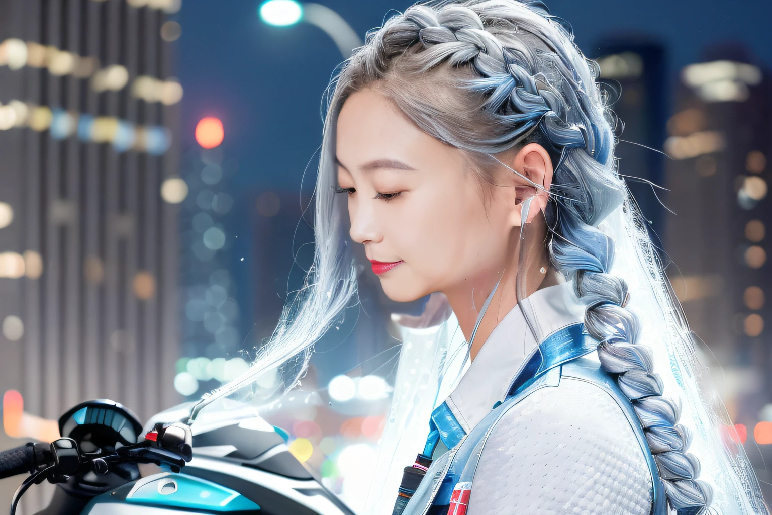 one-girl，The hair is braided in many small braids，Silver gray with blue，Free，（（Red tight body strap 1.2）），the motorcycle，City lights，Cyberpunk night view，Water droplets splash everywhere, Scattering floating helix，The art of splashing。Delicate fair skin，Perfect chin，Perfect jawline。