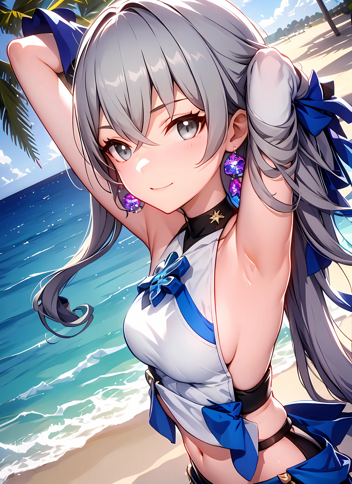 /ph bronya, 1girl, solo, jewelry, earrings, long hair, grey hair,  drill hair, grey eyes, bay, ocean, bikini, arms up,