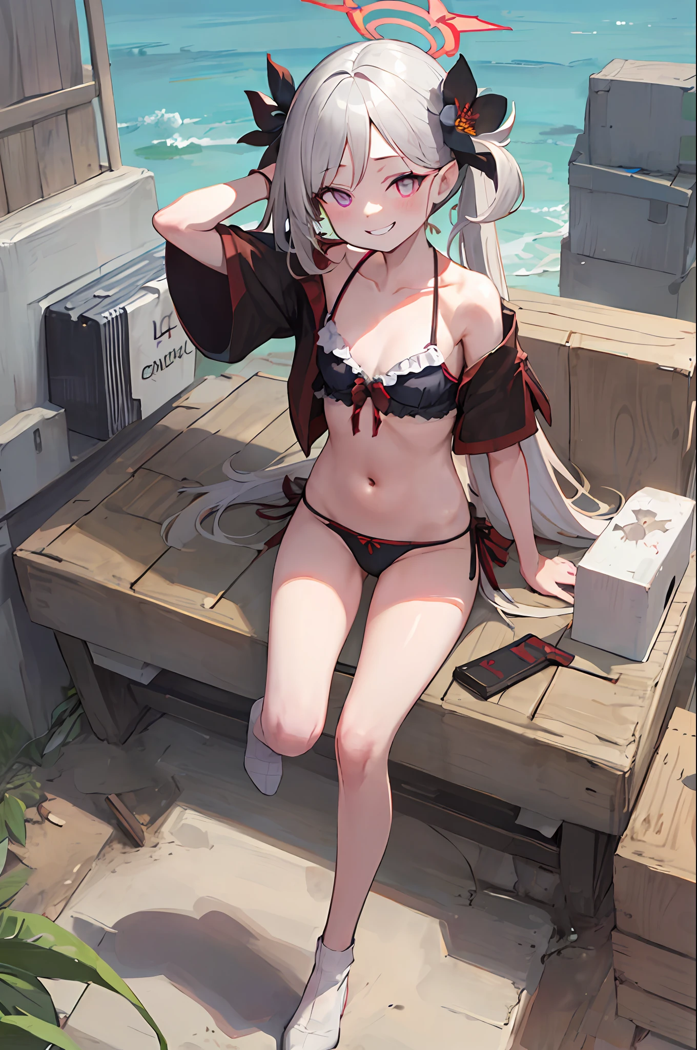 masterpiece, best quality, ultra-detailed, illustration, 1girl, bangs, black flower, blush, hair flower, hair ornament, halo, long hair, looking at viewer, mutsuki, purple eyes, side ponytail, small breasts, ((swimsuit)), red and black frilled bikini, sitting, grin, solo, white hair, beach, sand, waves, sunlight, lens flare, arms behind head,