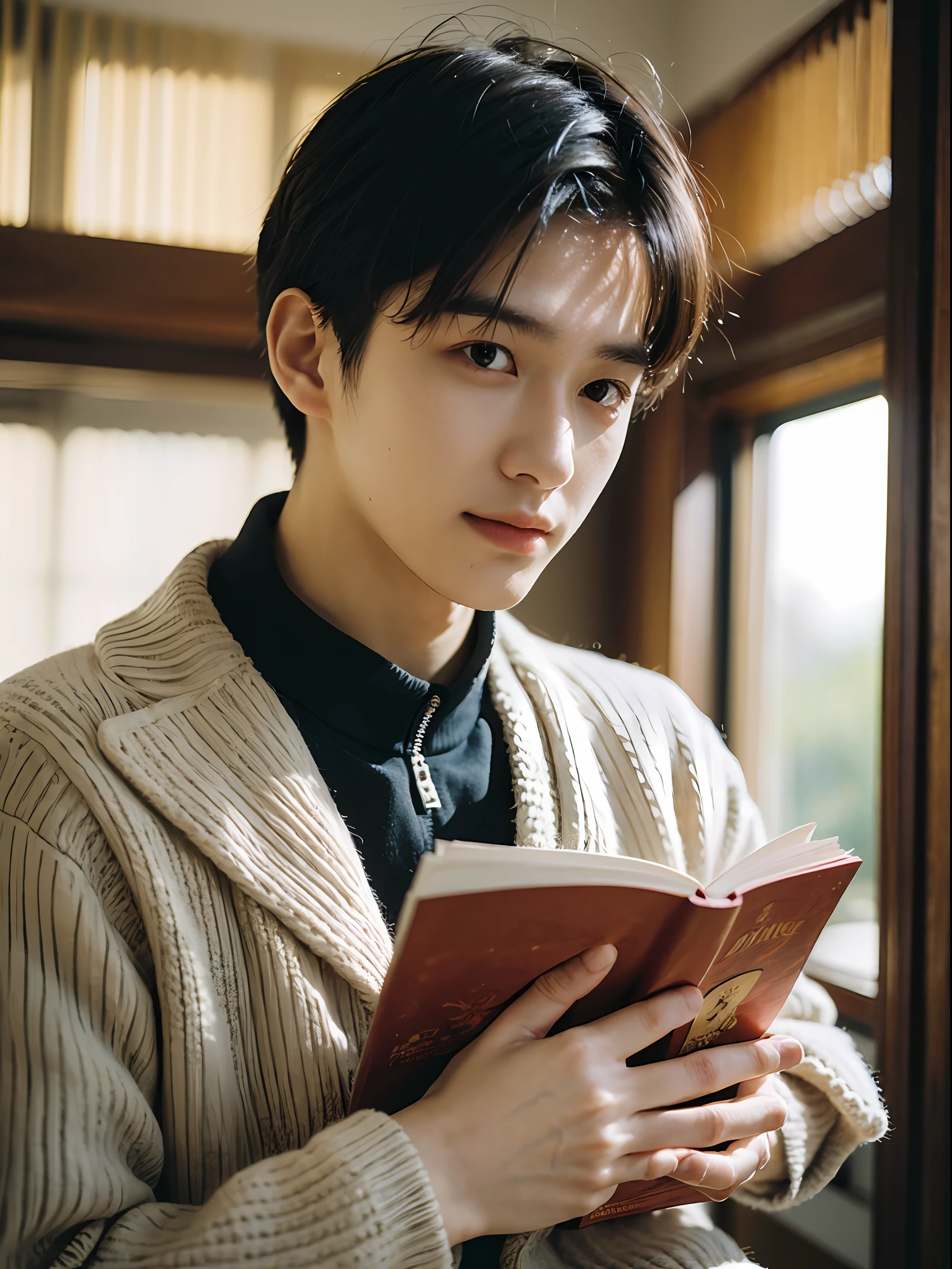 Best quality, masterpiece, super high resolution, (realistic: 1.4), original photo, wallpaper, head photo, skin, simple background, black eyes, detail, selfie, 1 boy, 18 years old, handsome, breeze, sunshine, reading a book