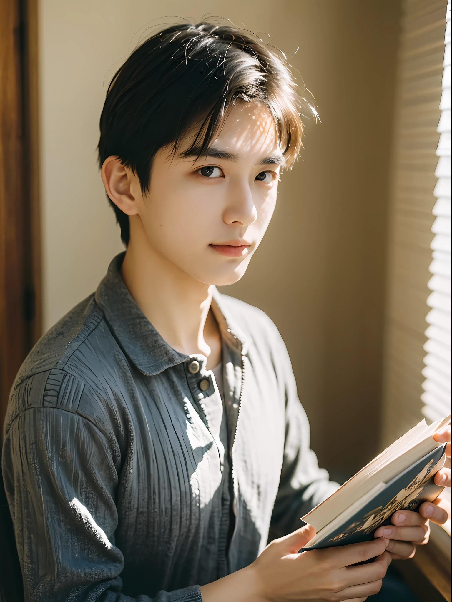 Best quality, masterpiece, super high resolution, (realistic: 1.4), original photo, wallpaper, head photo, skin, simple background, black eyes, detail, selfie, 1 boy, 18 years old, handsome, breeze, sunshine, reading a book