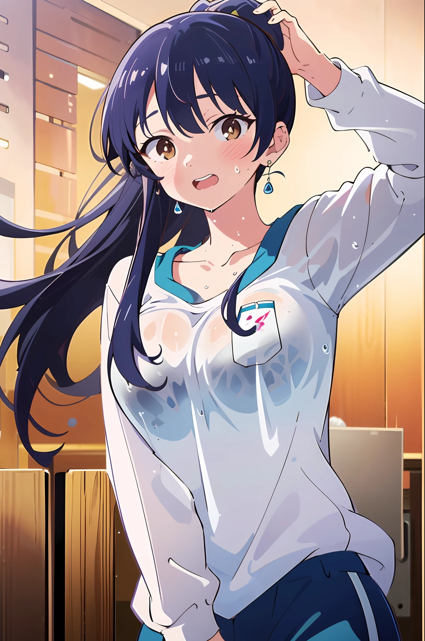 ,(Masterpiece:1.2, high quality), (pixiv:1.4),Anna yamada,large breast,
1girl, solo, sport wear, arm up, brown eyes, shirt, sweat, ponytail, blush, looking at viewer, blue hair, breasts, open mouth, wet, white shirt, wet clothes, collarbone, upper body, large breasts