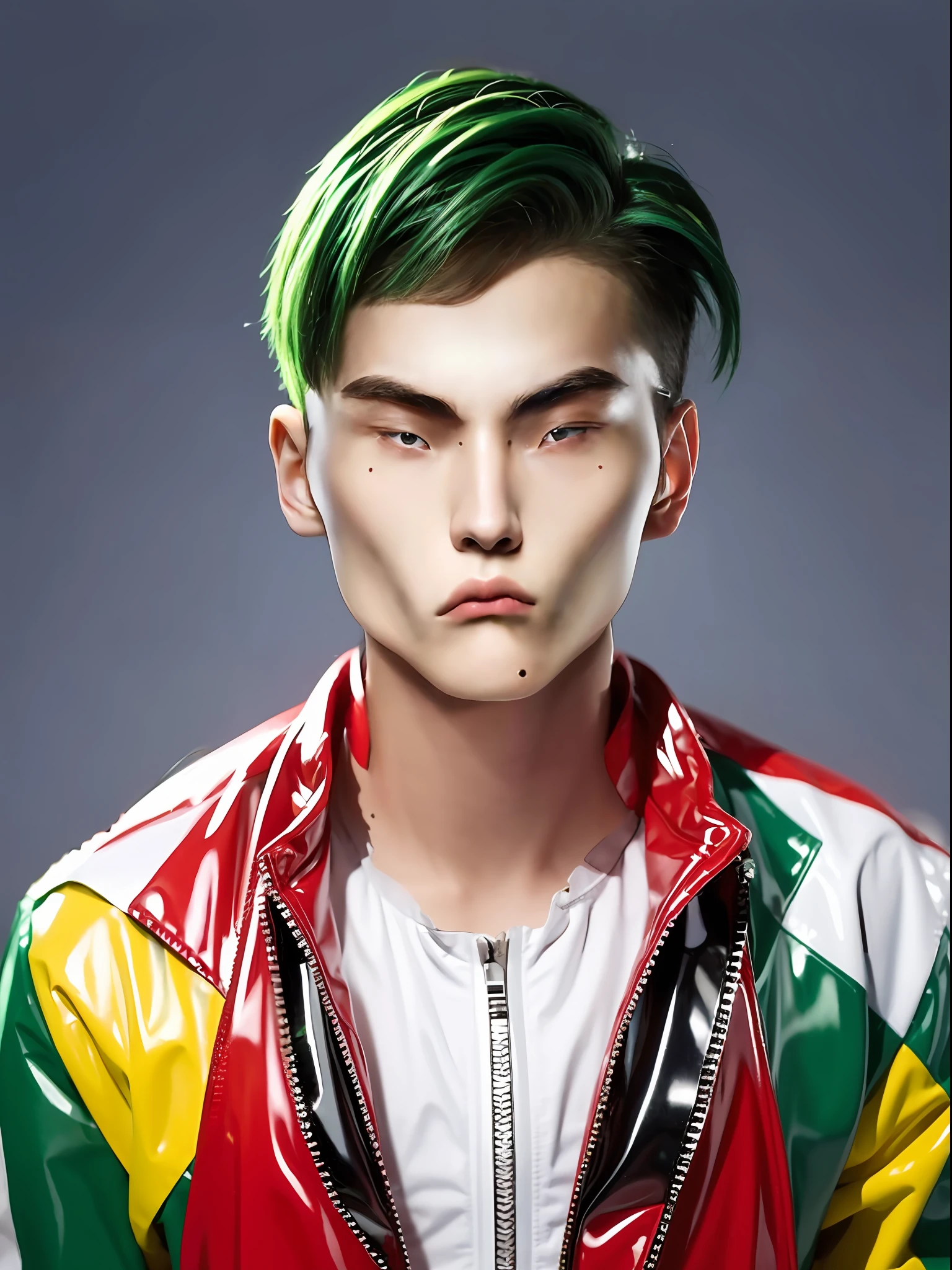 A 16-year-old male high school student,Wearing a PVC red race suit,There are zippers,Green medium hair style