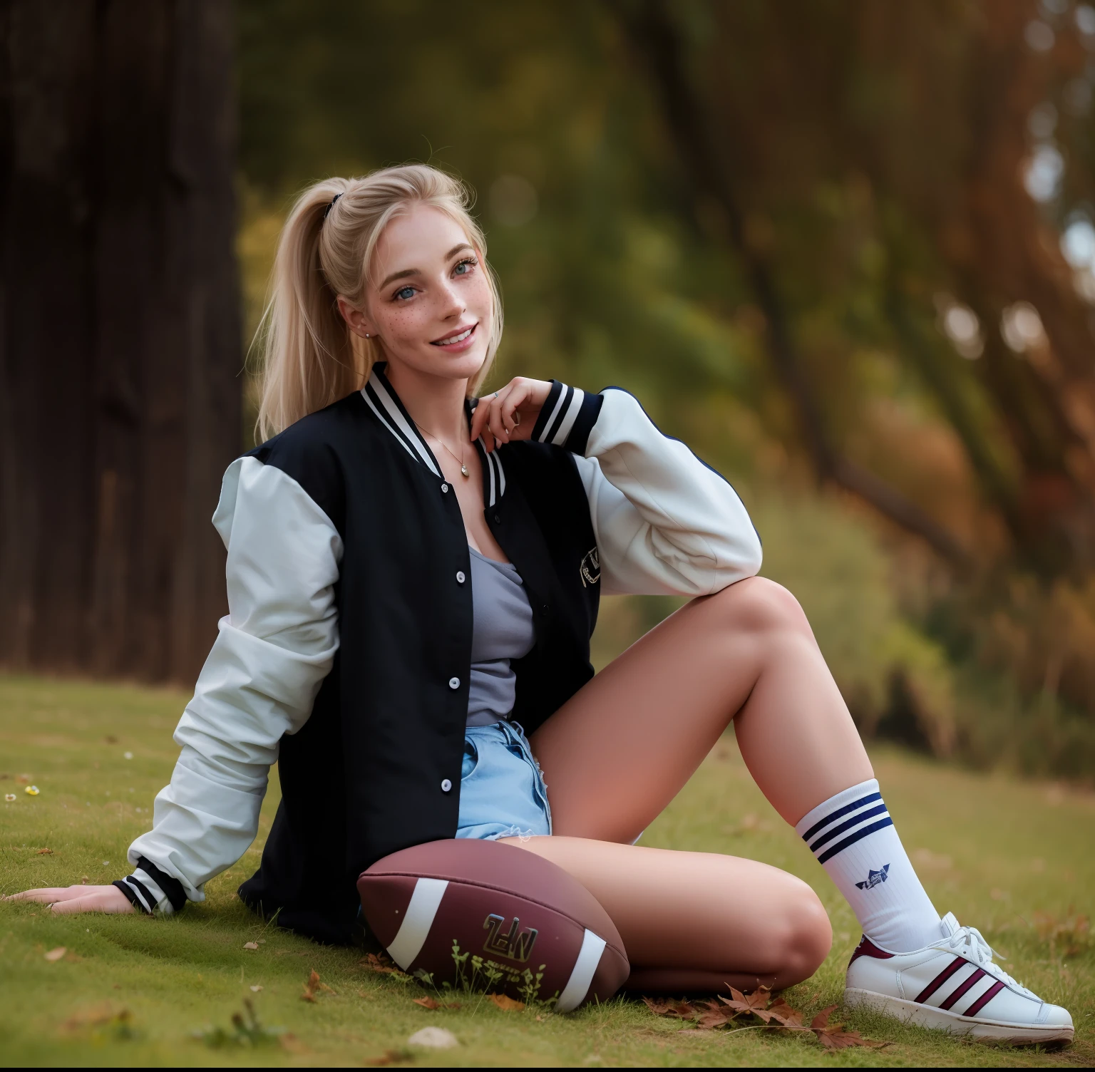 Rosto de uma mulher, americana, 25 anos, pale skin and freckles, olhos cinzas, nariz delicado, soft and delicate lips, cabelo blondie cinza, ultrarrealista HD fotorrealista altamente renderizado sorriso cativante, head proportional to the body,