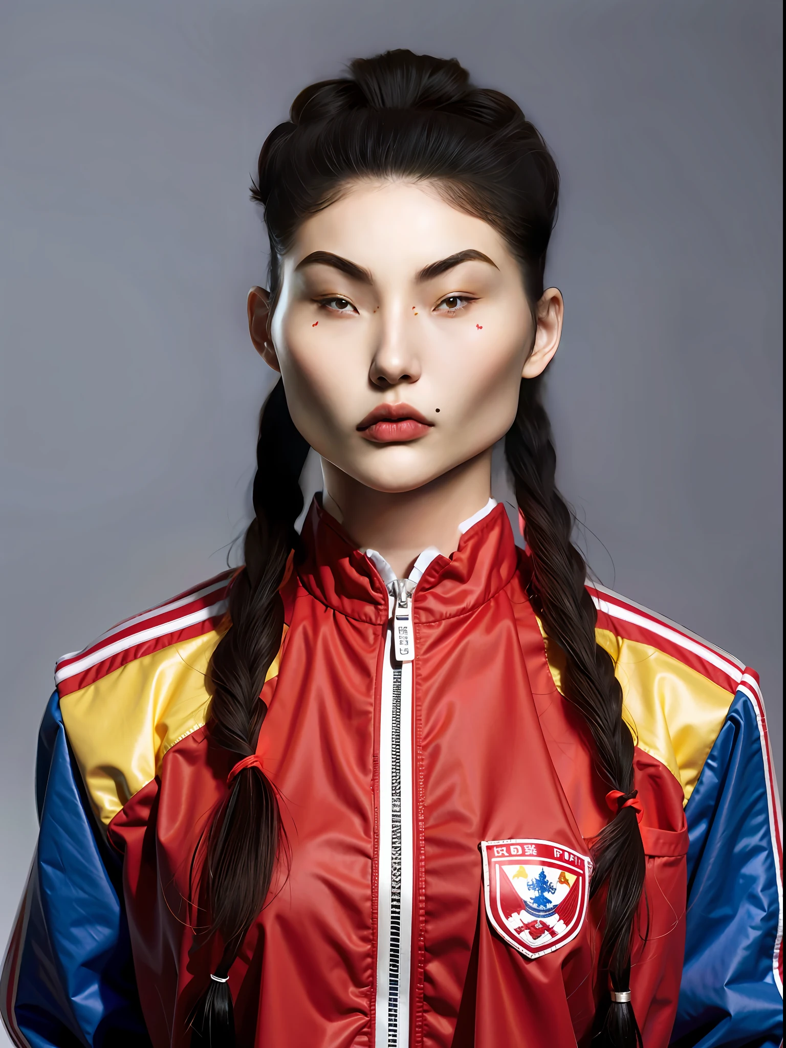 A Chinese high school girl,Wearing a red, white and yellow school uniform,There are zippers,Twist braids。