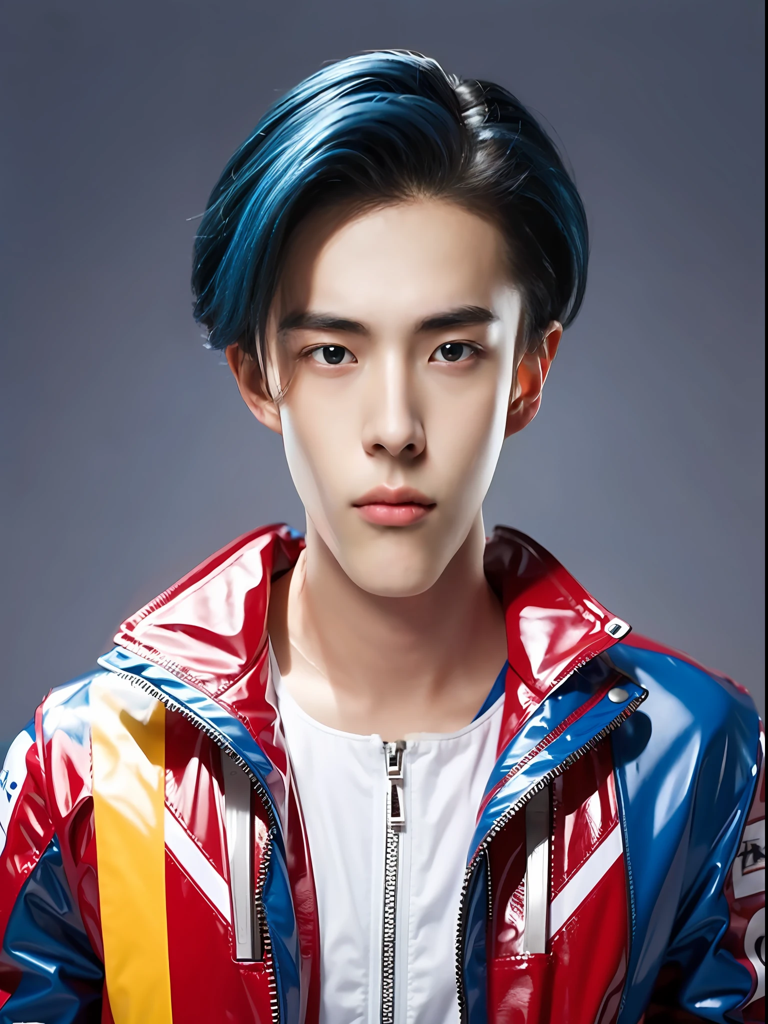 A 16-year-old male high school student，Wearing a PVC red race suit，There are zippers，blue hairs
