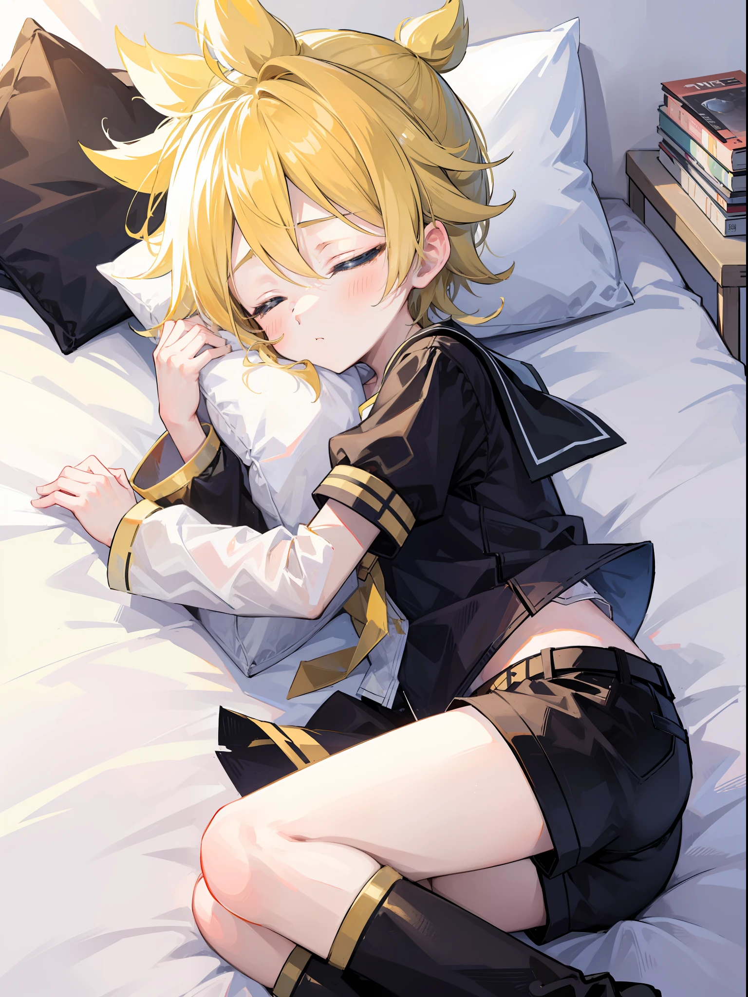 best quality, ultra precision, one boy, (Len_Kagamine), blond hair, shota, cowlick, on bed, lying on bed, character focus, black short pants, sailor uniform, your cute boyfriend, innocent, close eyes, sleeping, sleep peacefully, cute sleeping face, hold stuffed bear