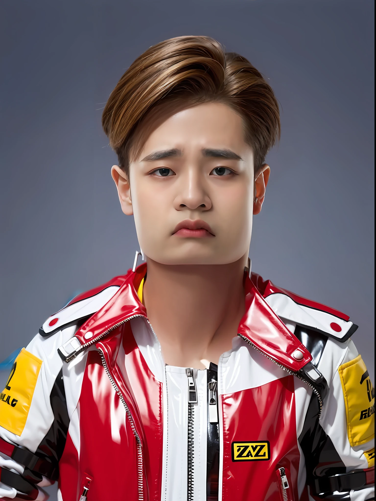 A 16-year-old male high school student，Wearing a PVC red race suit，There are zippers，Yellow medium hair style