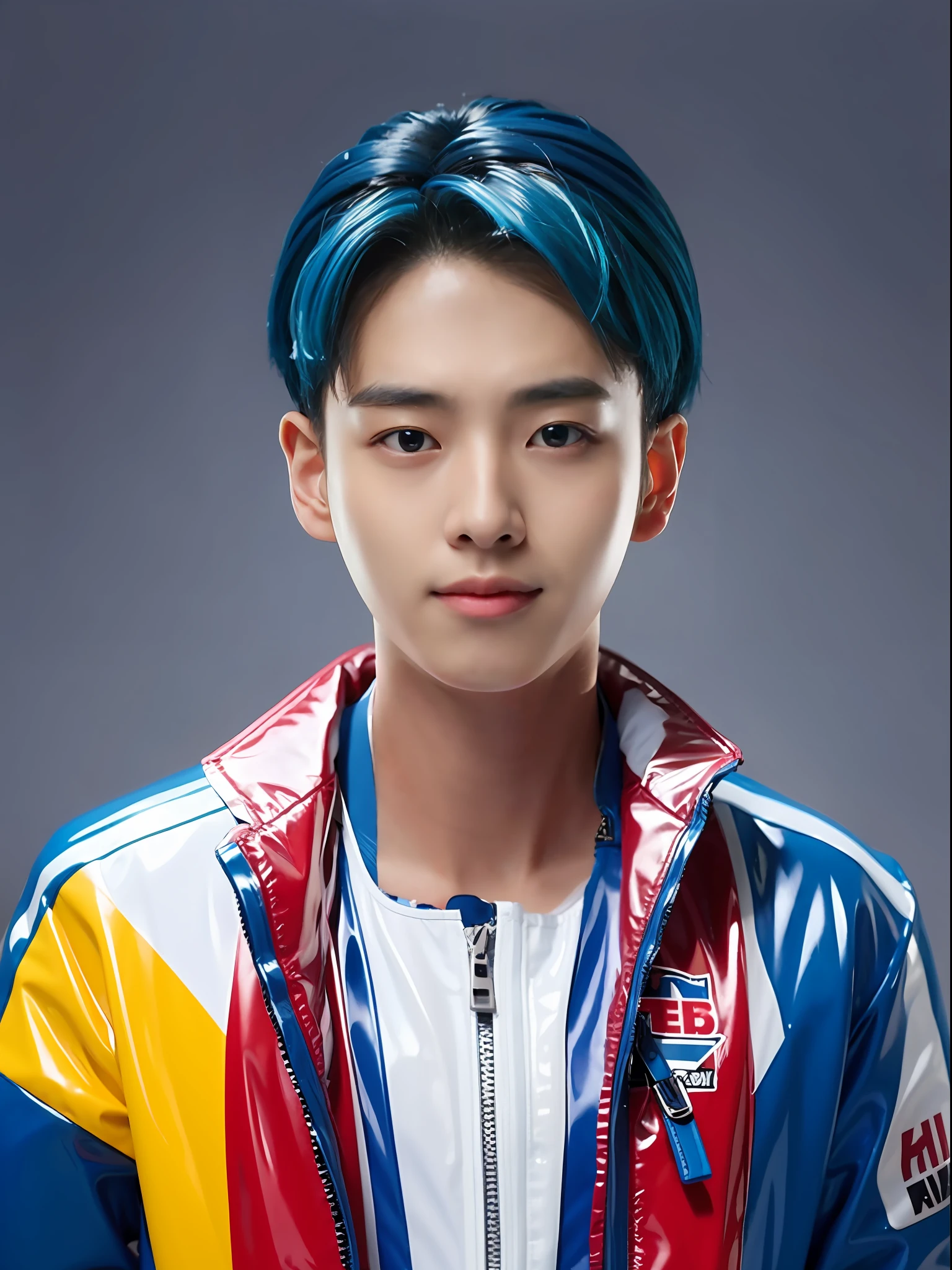 A 16-year-old male high school student,Wearing a PVC blue race suit,There are zippers,Colored hair side distribution type
