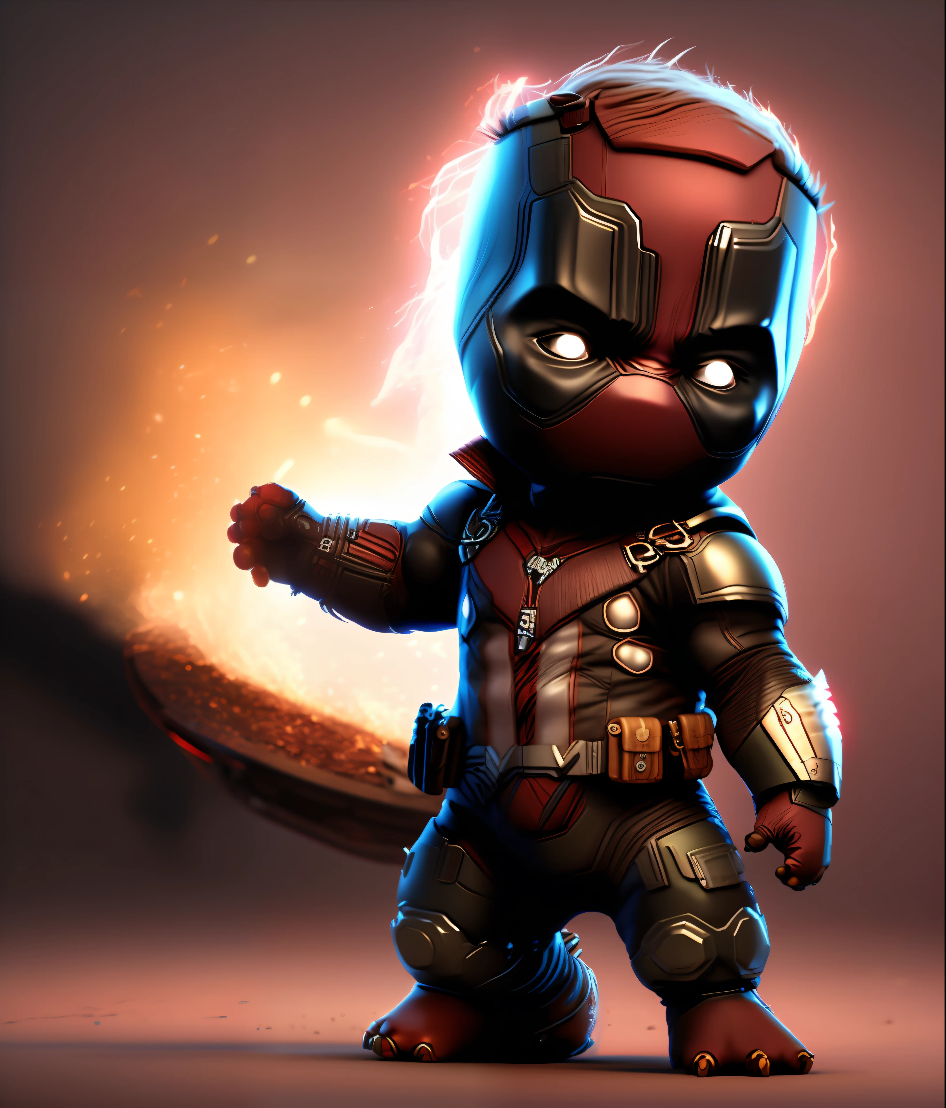 cinematic shot of realistic cute deadpool , surounded by fire, seamless, epic, cinematic, intricate detail, award winning, great lighting, shading, high quality, detailed