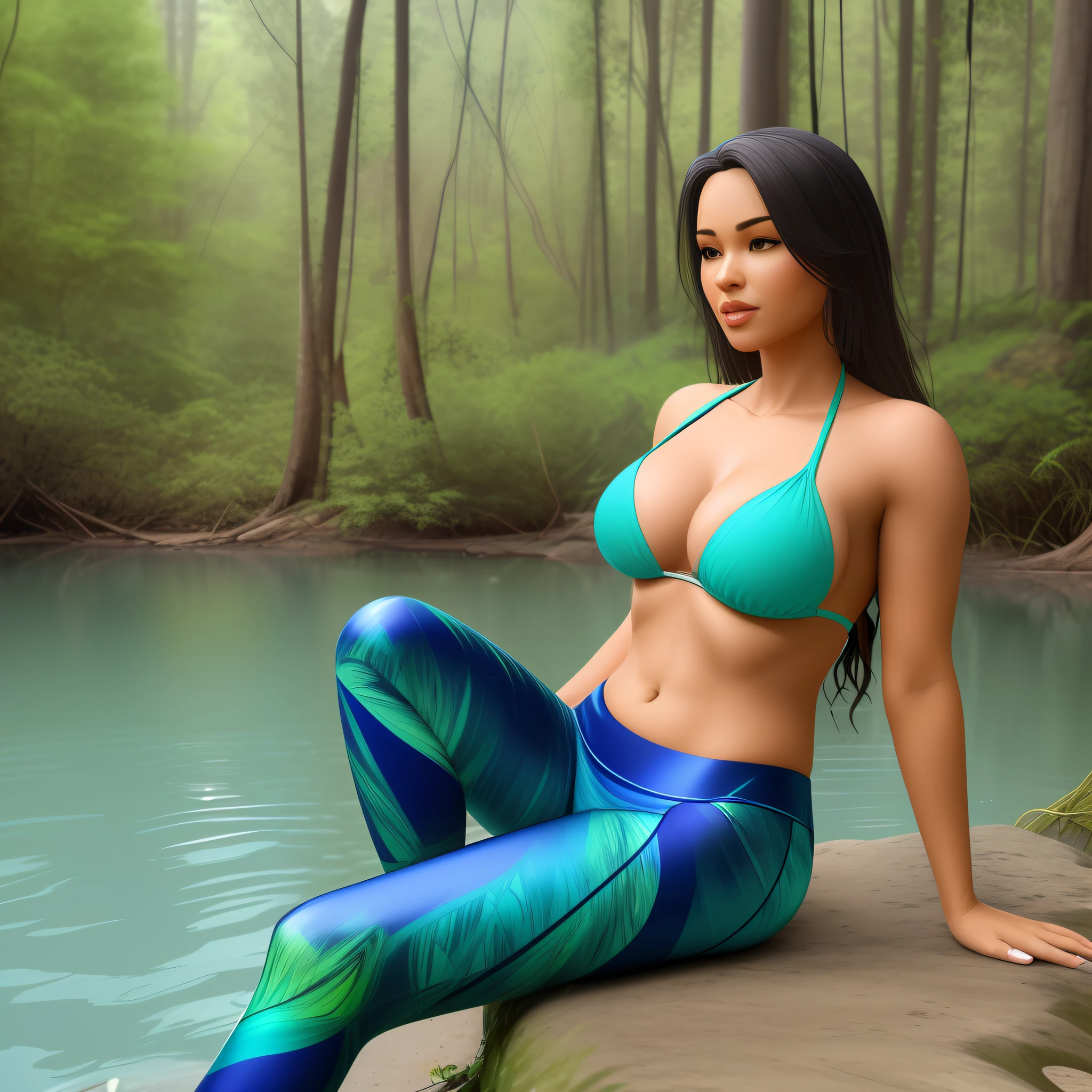 Mulher numa floresta e nadando em um lago vesstindo leggings e bikini curvas exageradas seios extremamente grandes suada gym floresta agua gluteos exagerados grandes floresta verde e agua azul e cristalina curvas1.4 Extreme realistic quality many barefoot trees,8k, alta resolução, solo, large juicy lips, coxas grossas suculentas,