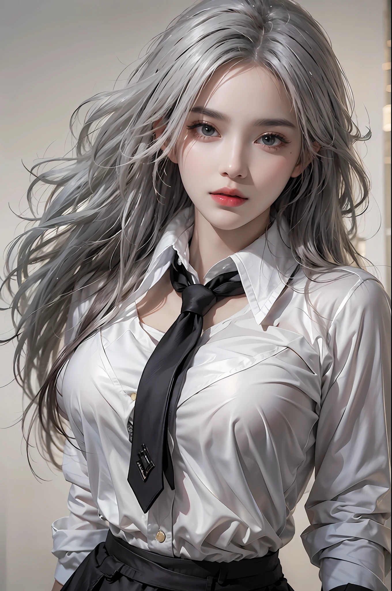 photorealistic, high resolution, 1 women, solo, hips up, beautiful eyes, close lips, detailed face, white hair, long hair, collared shirt, black necktie,black skirt, pencil skirt, fur coat, stockings